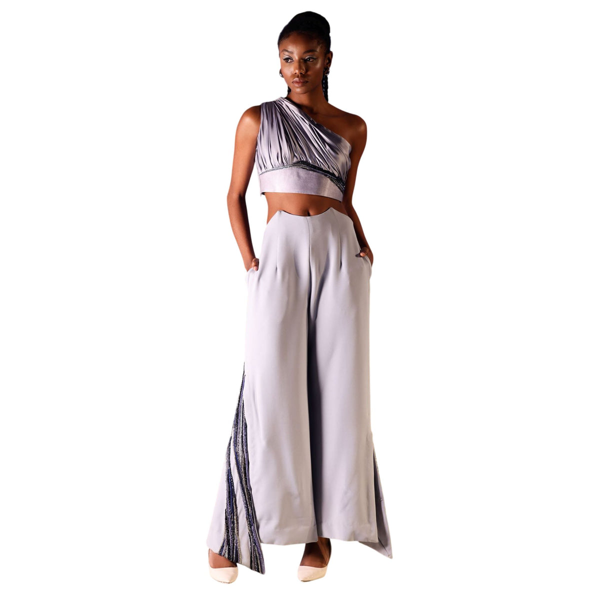 Draped One-Shoulder Crop Top – Nafisa - Cool Grey