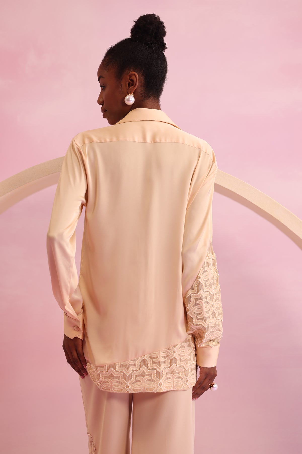 Lace Hem Satin Shirt – Arboreal Grace - Yellow