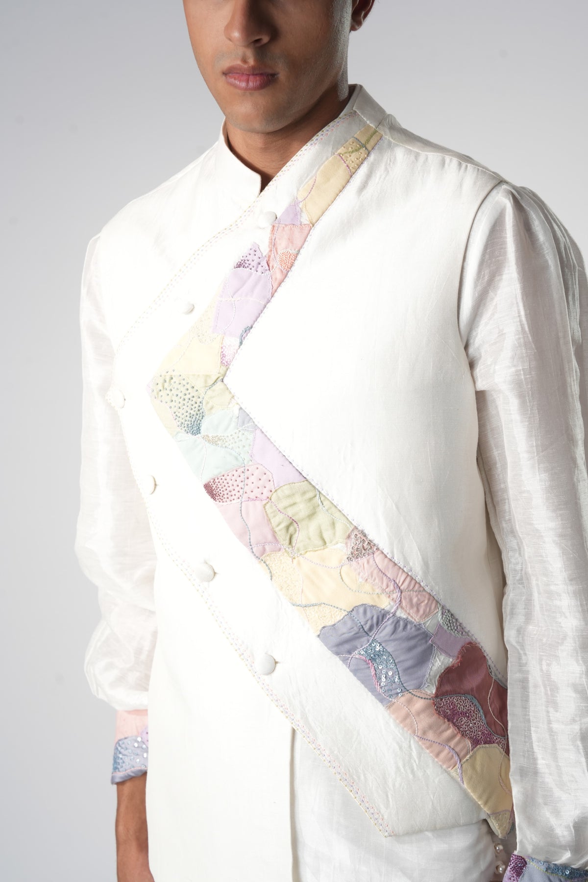 Men's Patchwork Asymmetric Sadri – Prism - White