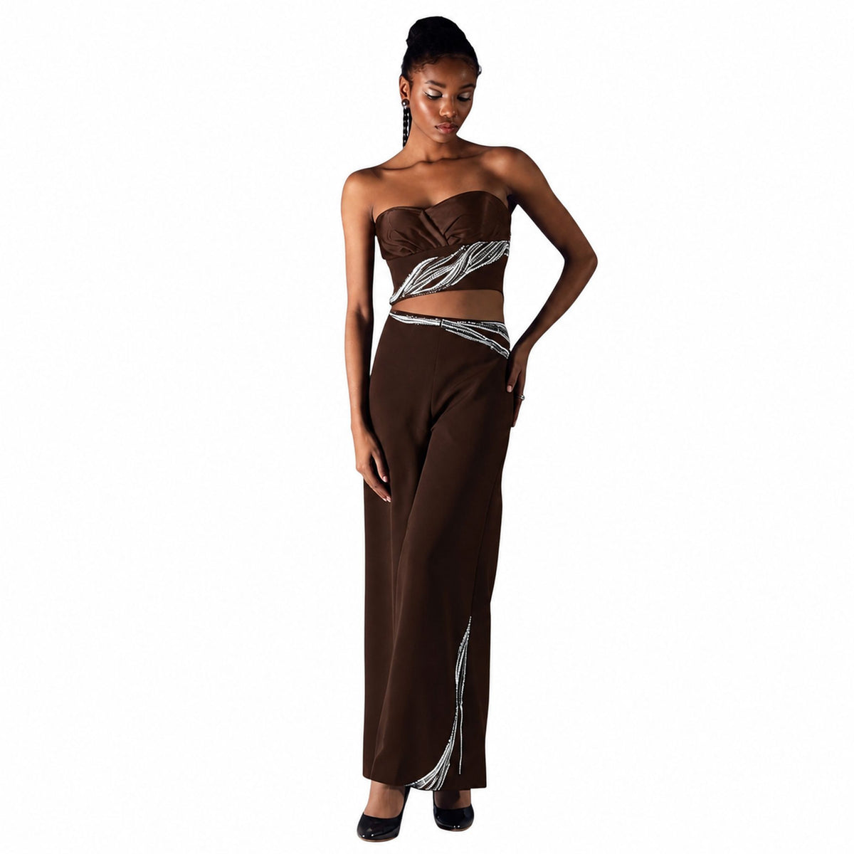 Wave Waistband Wide-Leg Trousers – Obelisk - Wine