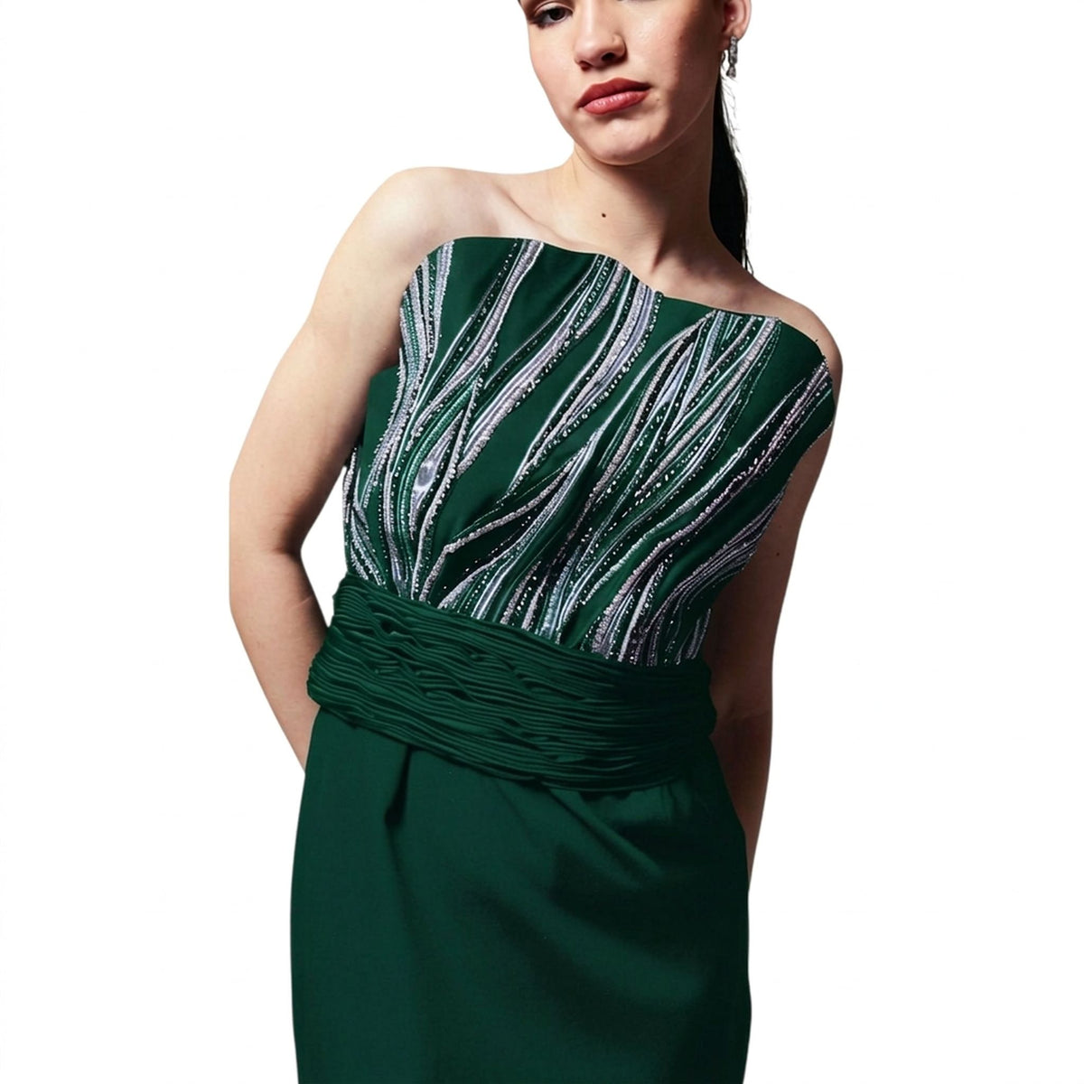 Off-Shoulder Embroidered Gown – Rivulet - Dark Green