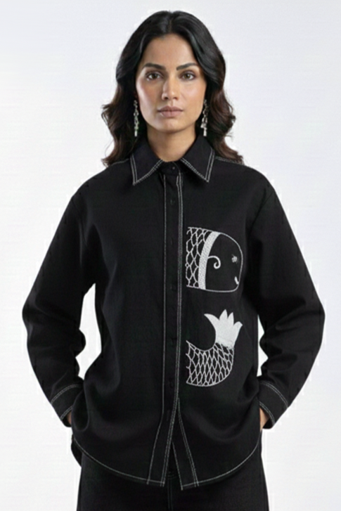 Fish Motif Button-Down Shirt – Half Tide - Black