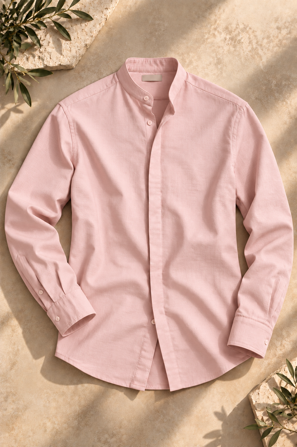Men's Cotton Mandarin Collar Shirt - Pink