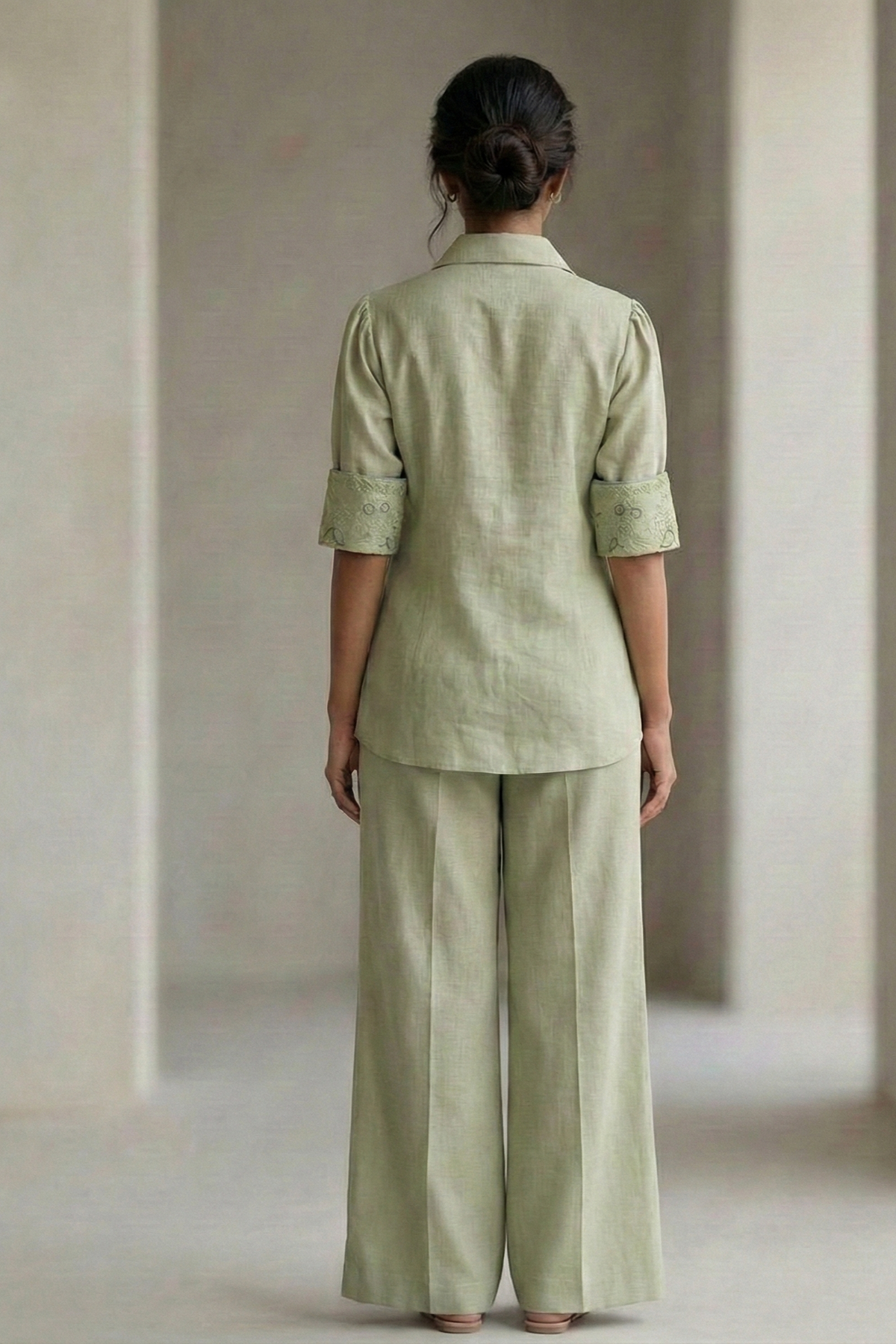 Modern Heirloom Cuff Embroidered Shirt – Warli - Green