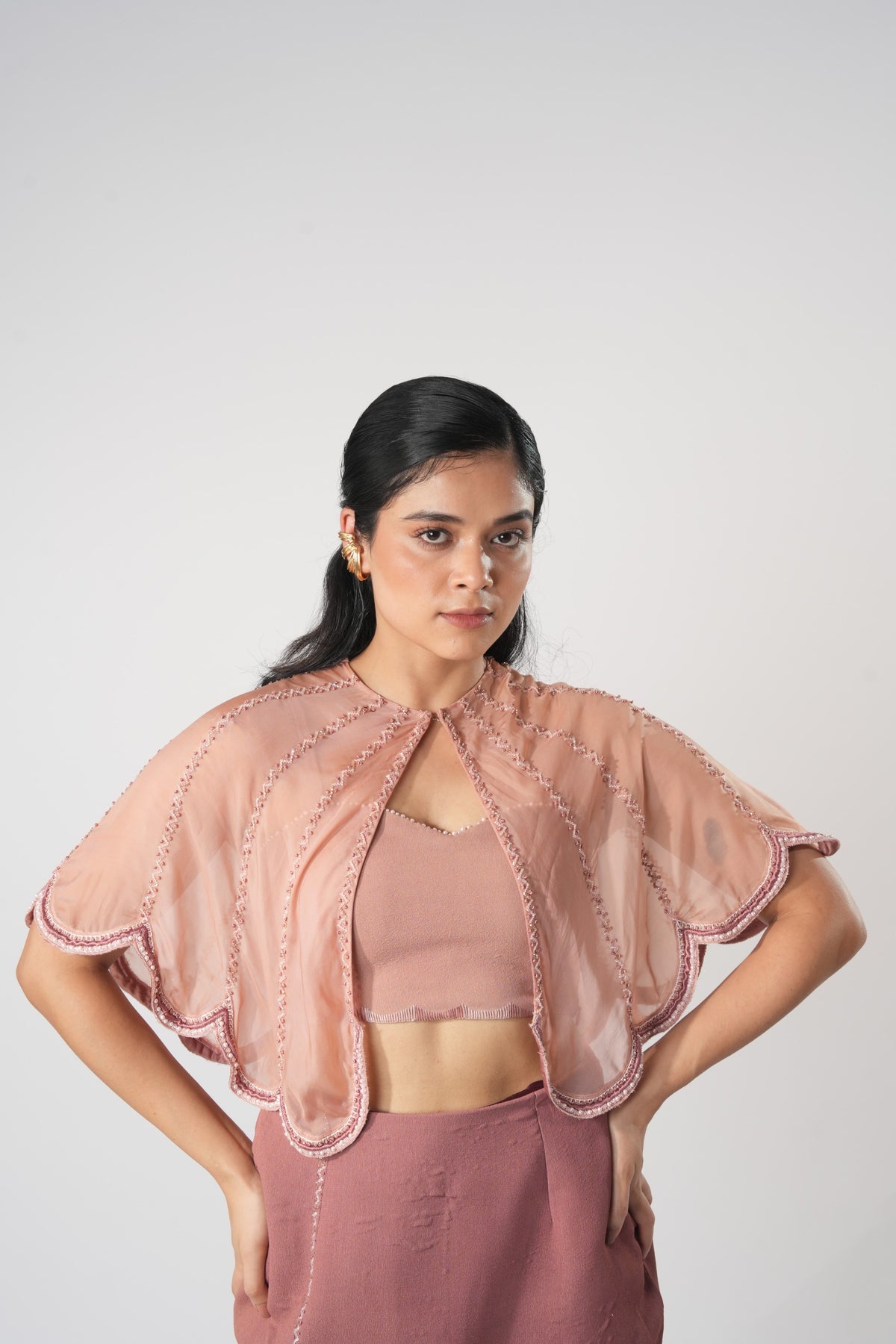Embroidered Organza Over Cape – Celticus - Pinkish Brown