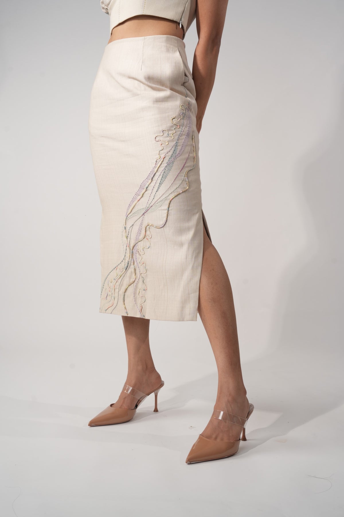 Embroidered Pencil Midi Skirt – Nurturer - Beige