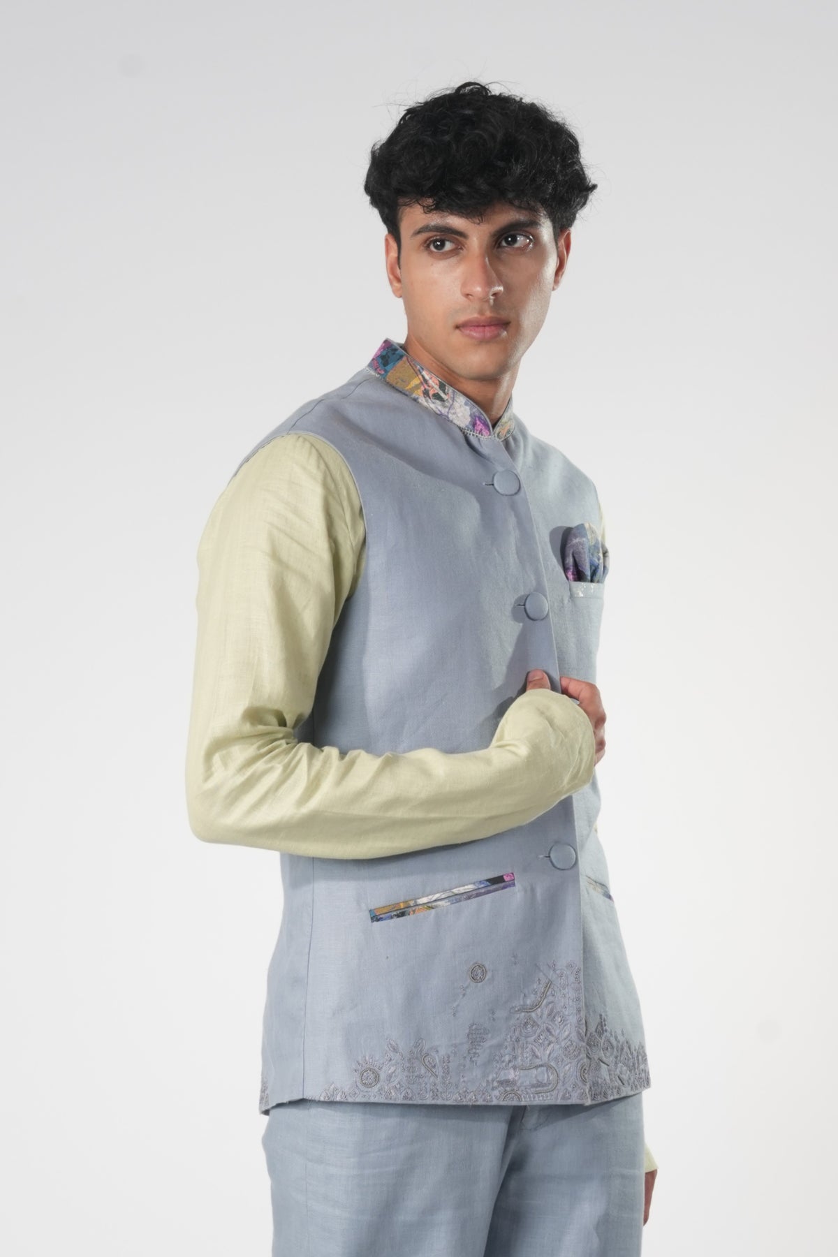 Men's Embroidered Hem Sadri – Wisdom Weave - Blue