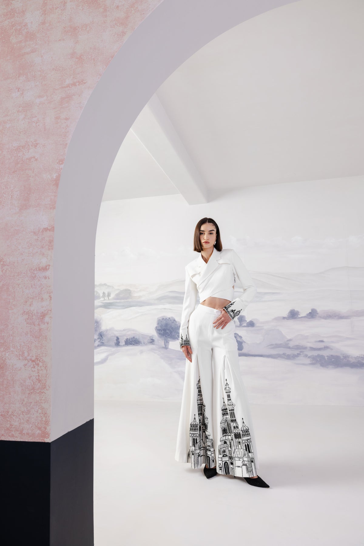 Embroidered Pleated Flared Trousers – Centurion - White