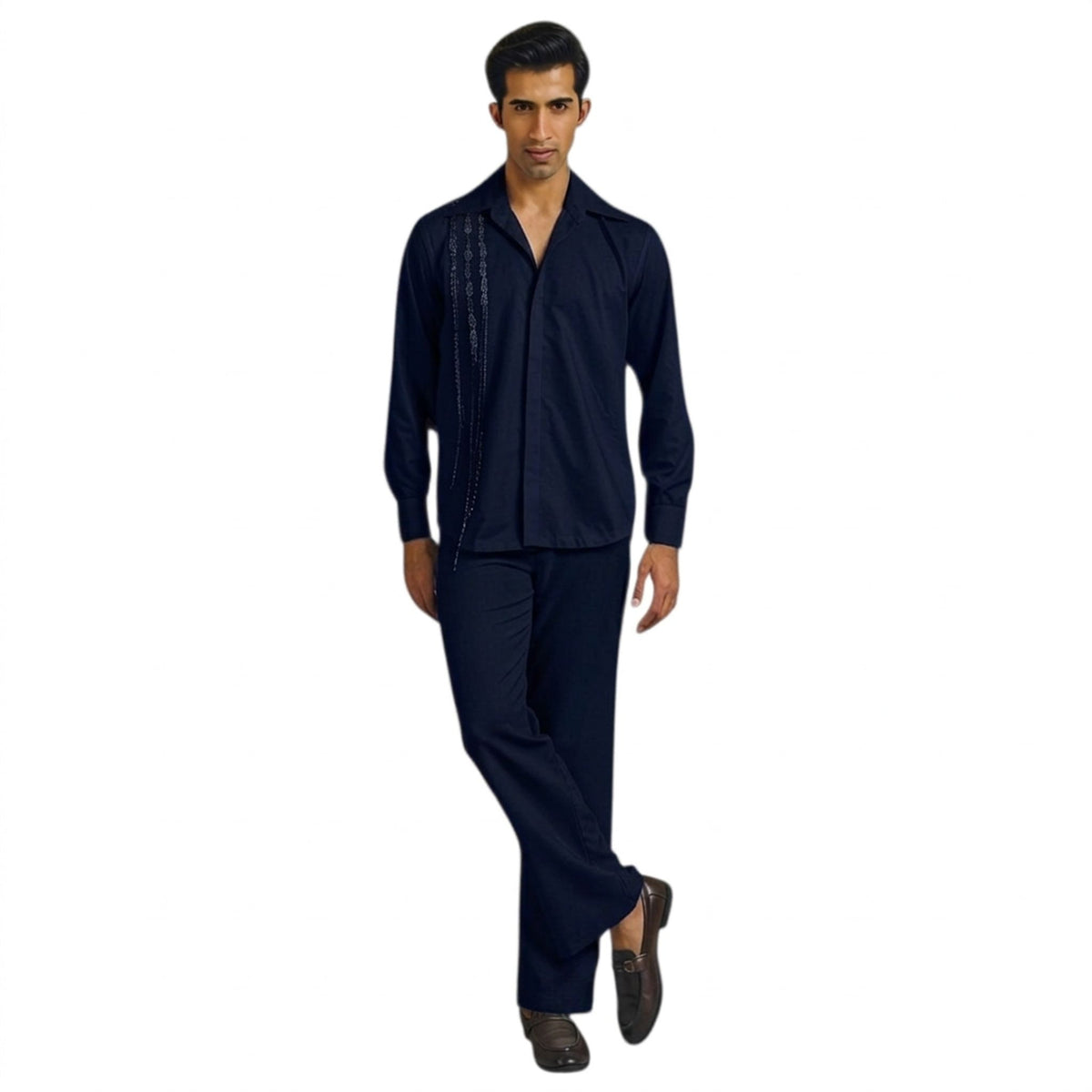 Men's Vertical Embroidered Cotton Shirt – Stream - Navy Blue