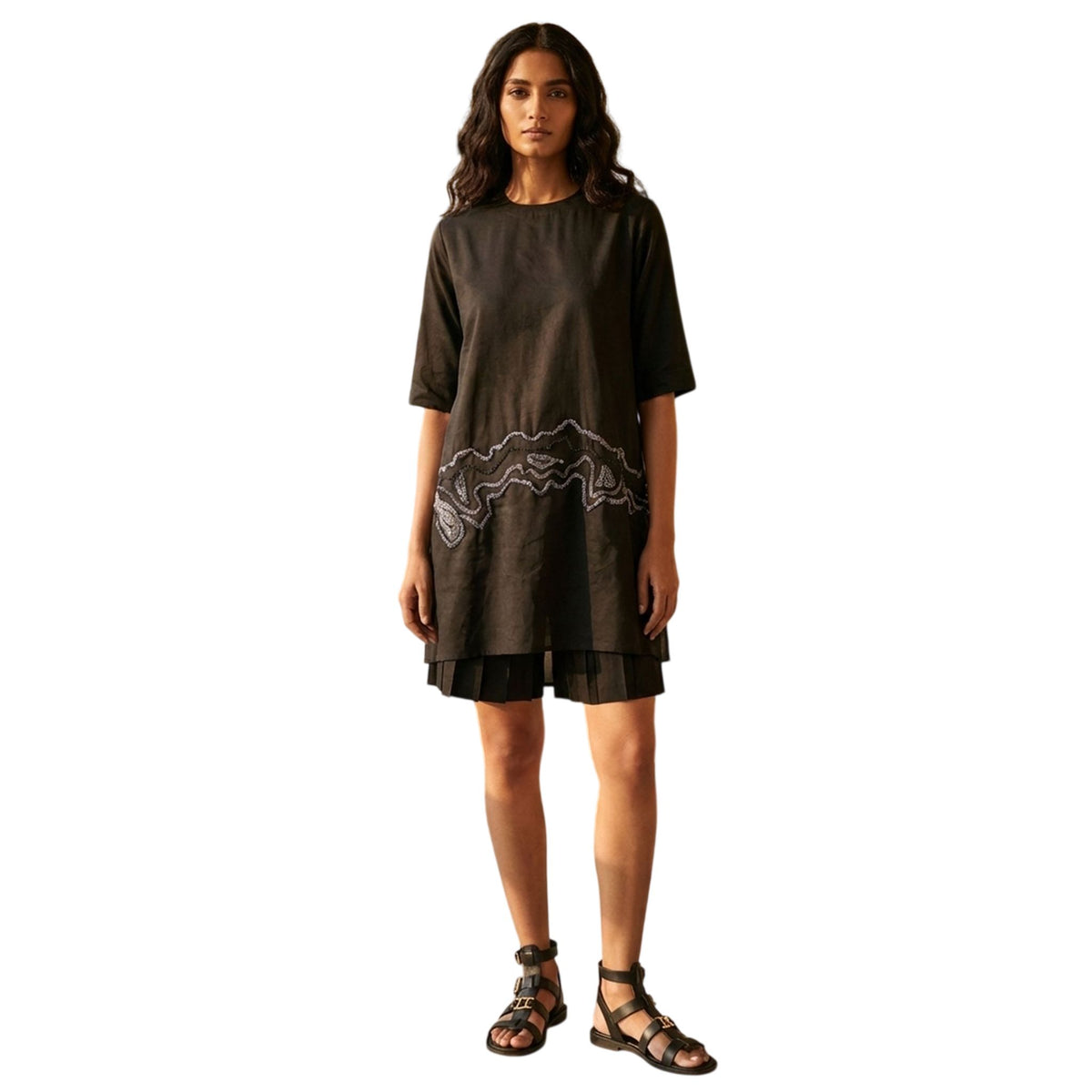 Sheer Hem Embroidered Tunic – Fluid - Black