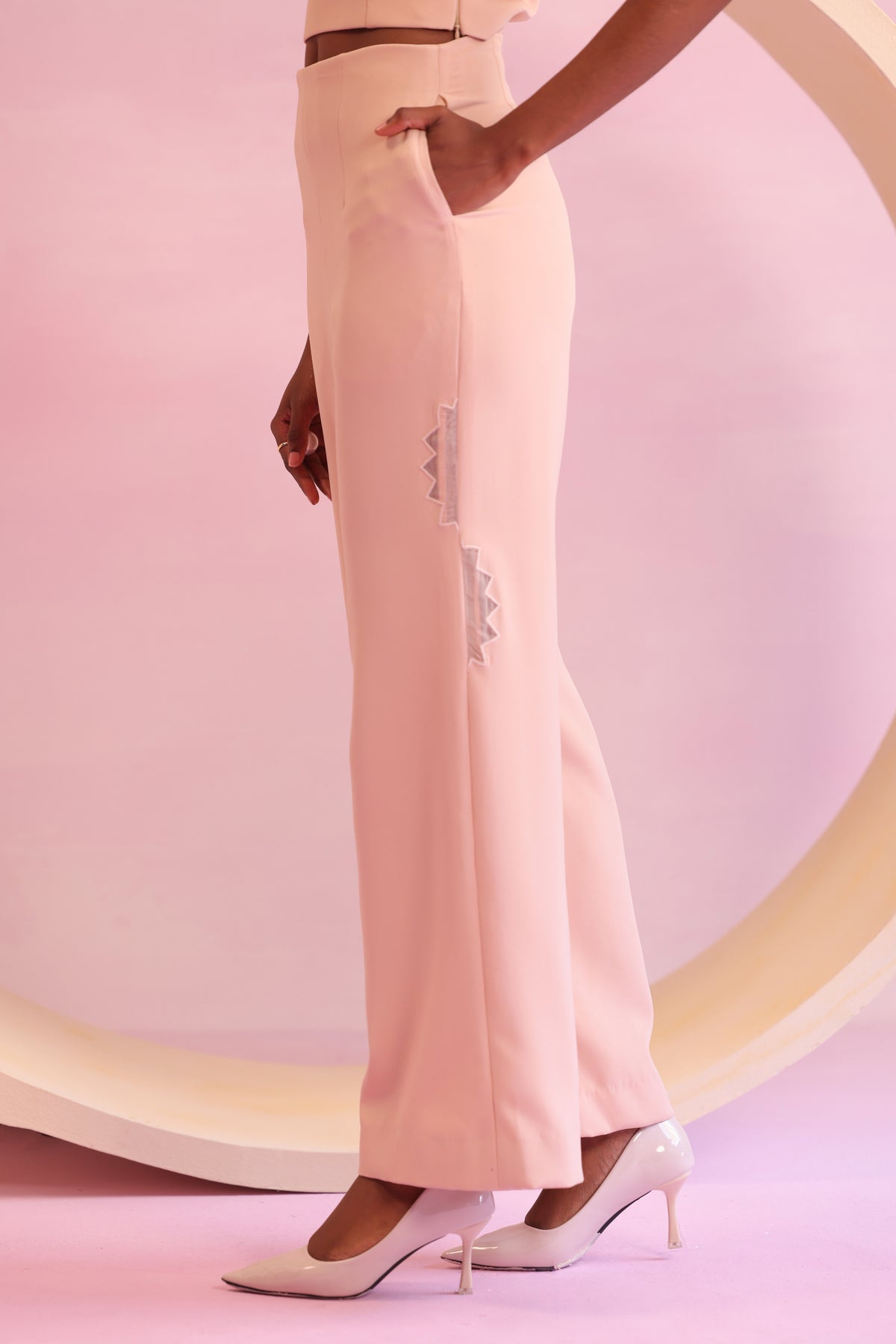 Asymmetric Embroidered Wide-Leg Trousers – Mystic Groove - Peach