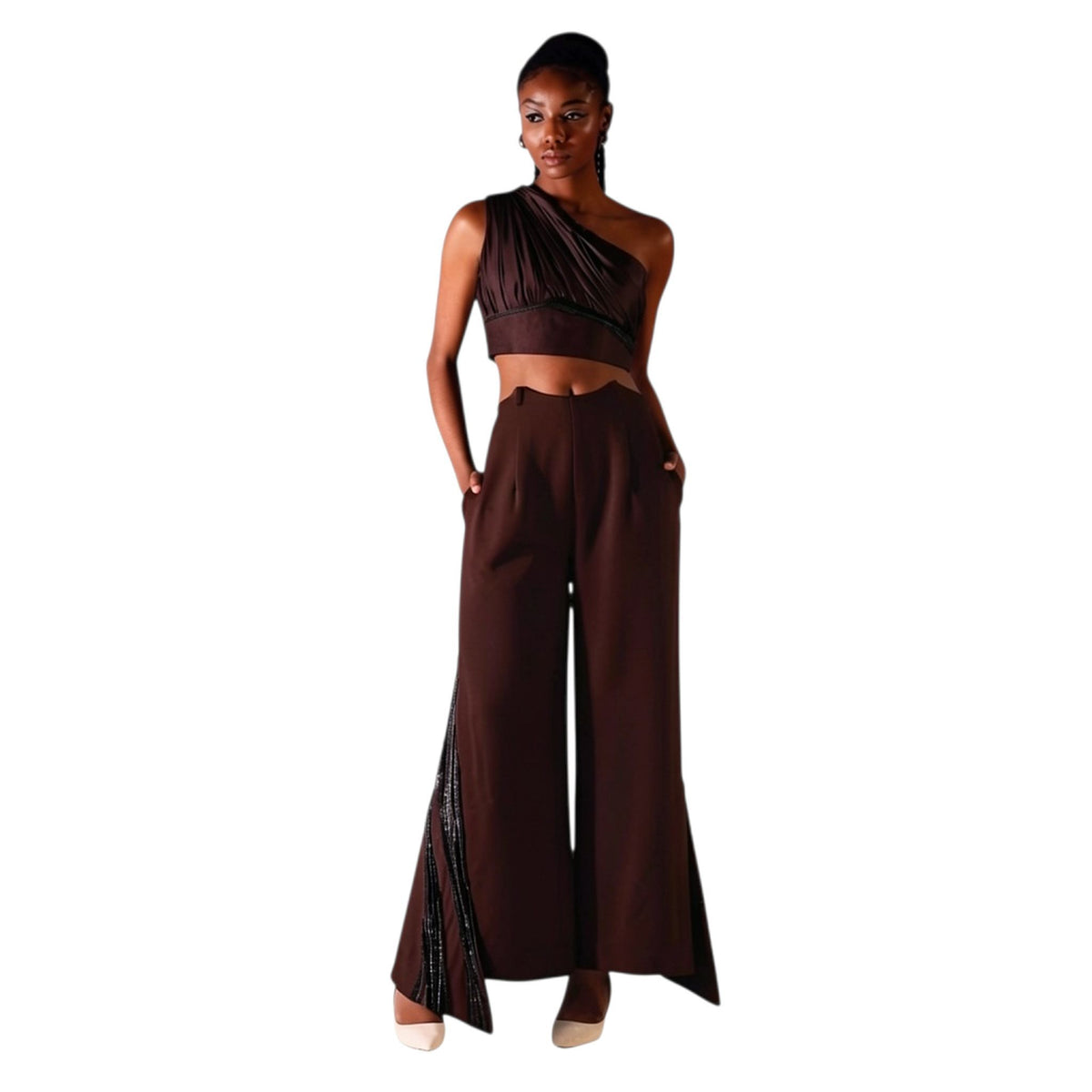 Overlap Slit Wide-Leg Trousers – Heba - Wine