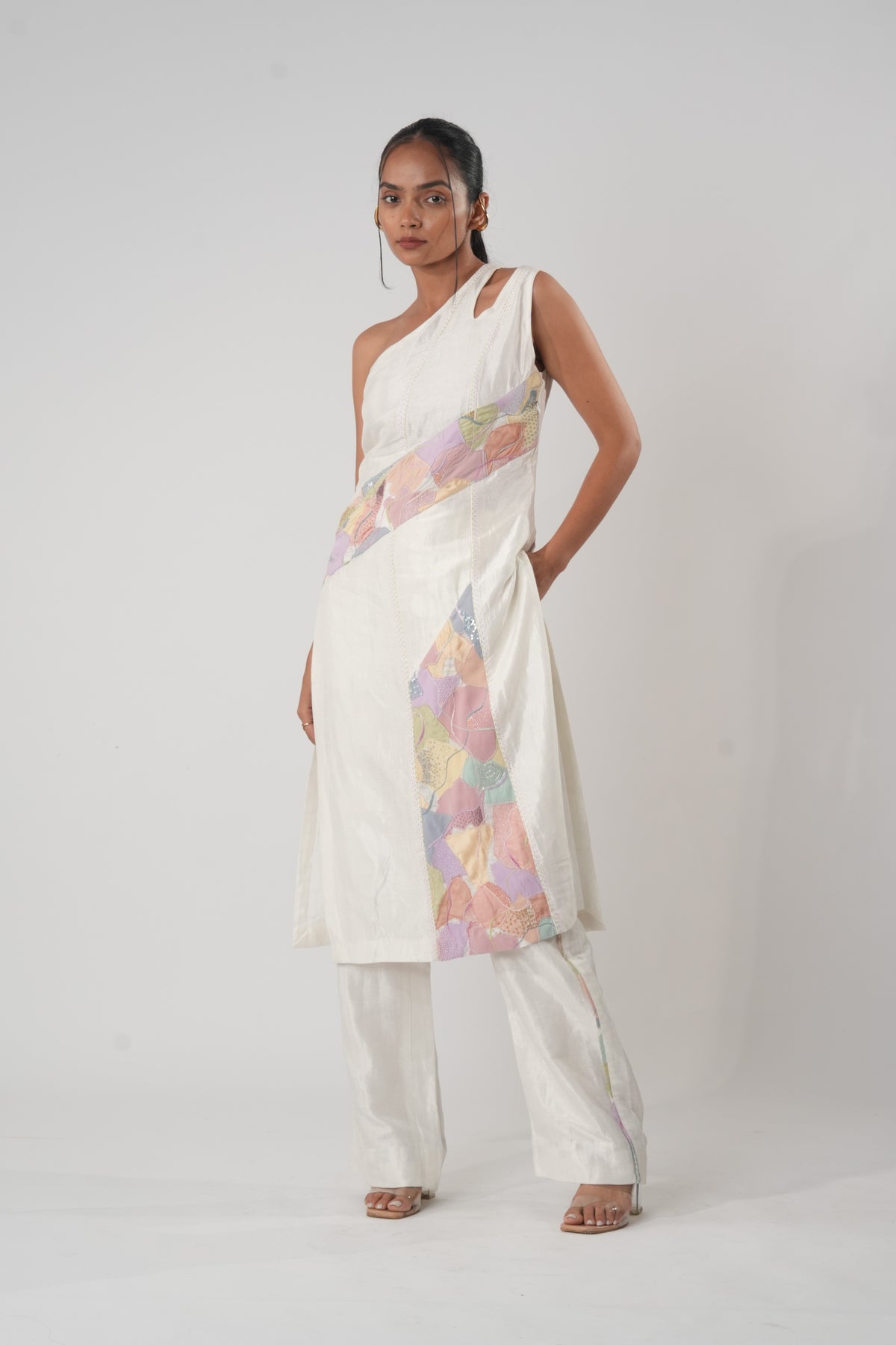 One-Shoulder Patchwork Kurta – Harmony - White
