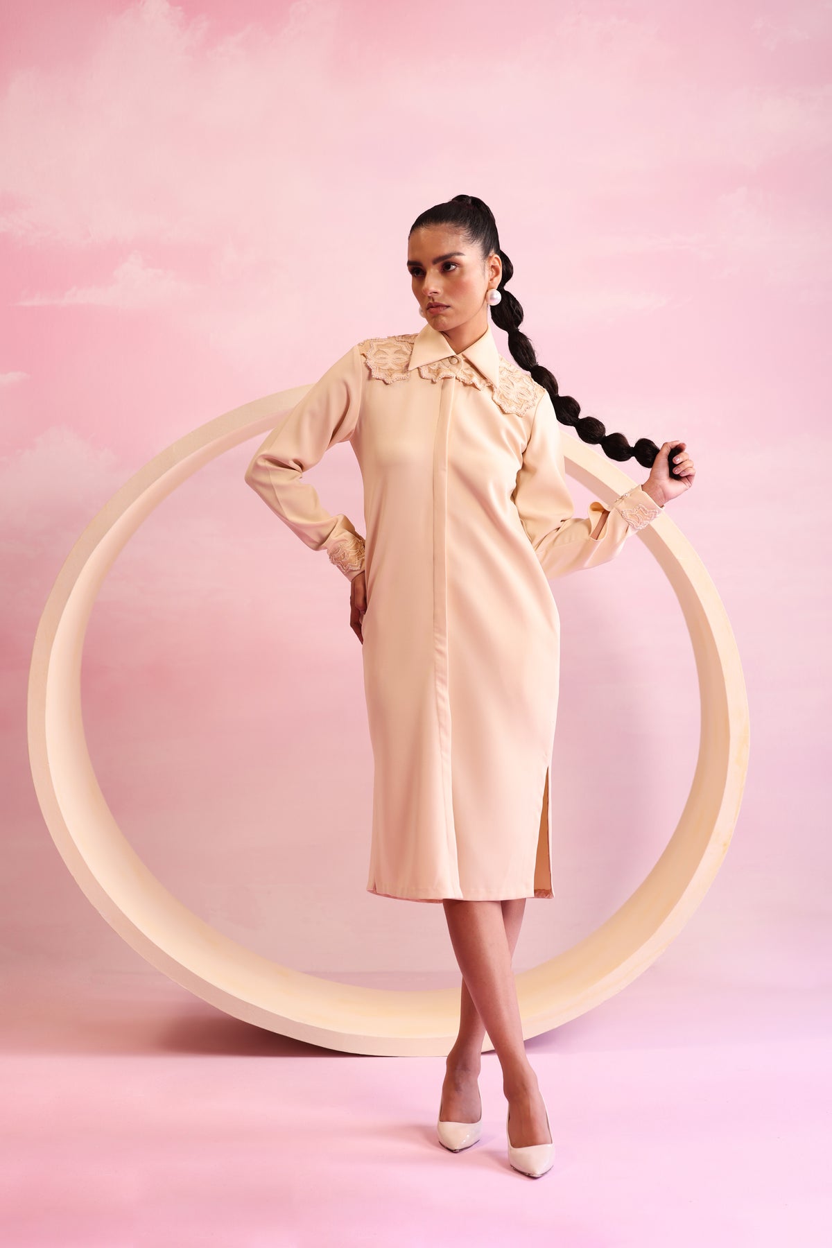 Embroidered Longline Coat Dress – Sylvan Muse - Nude