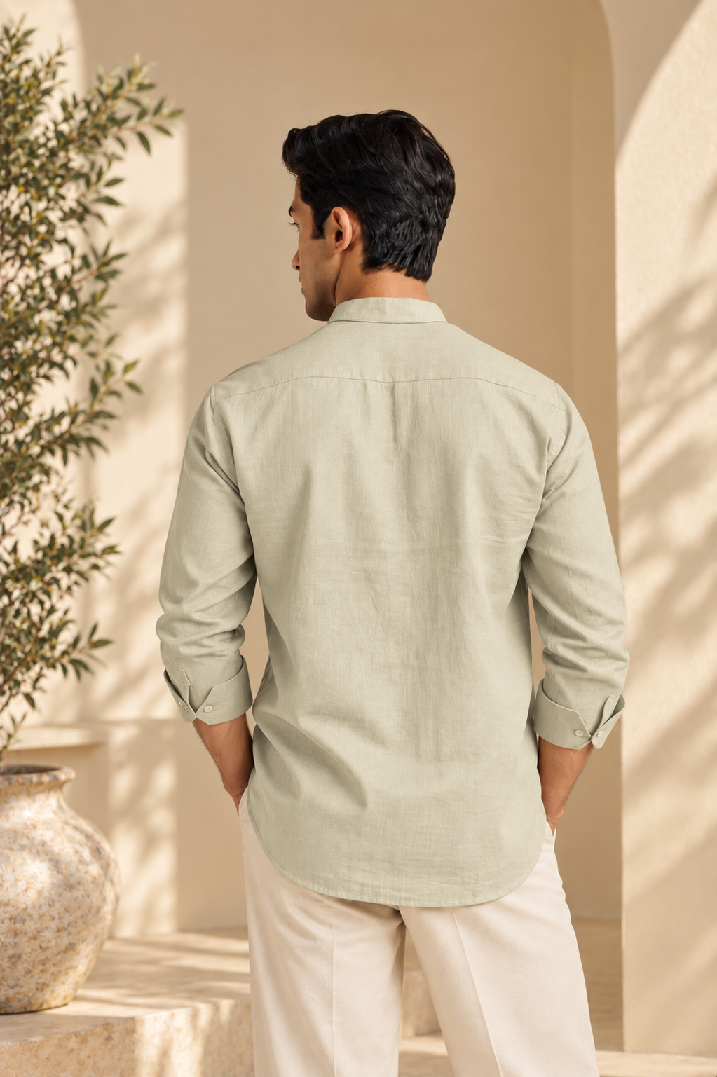 Men's Cotton Mandarin Collar Shirt - Sage Green