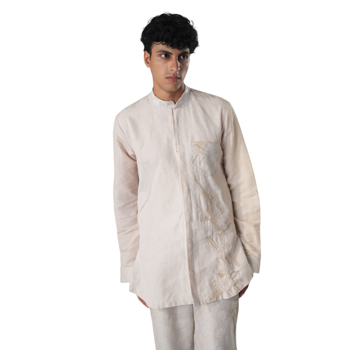 Mandarin Collar Embellished Shirt – Mystic Dawn - Beige