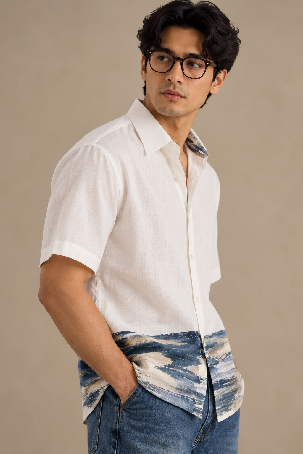 Men's Hem Patch Shirt – Warli - Blue Wave Print