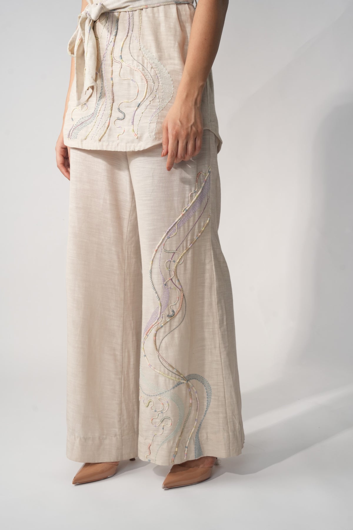 Embroidered Bell Bottom Trousers – Prairie - Beige