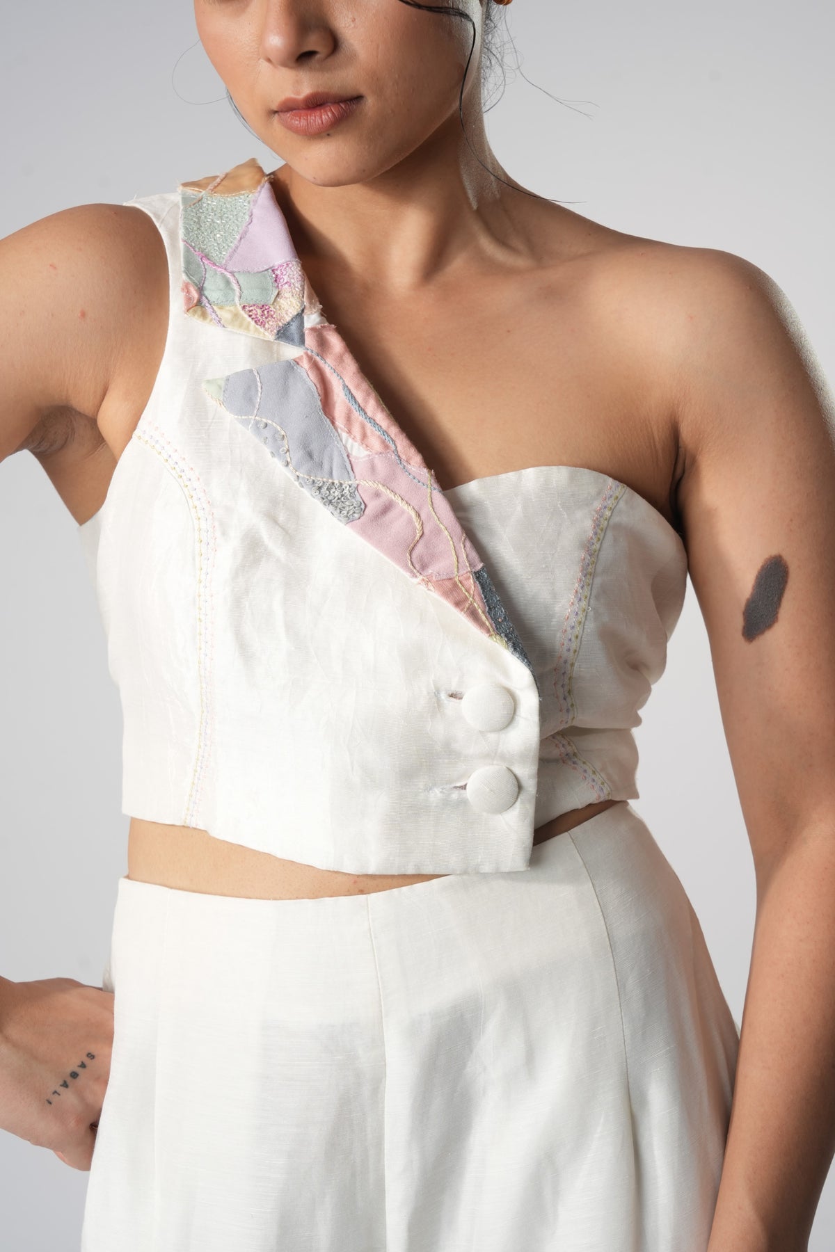 One-Shoulder Patchwork Bustier – Aurora - White