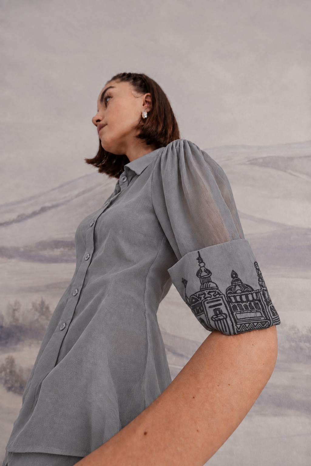 Embroidered Cuff Satin Shirt – Ensemble - Mid Grey