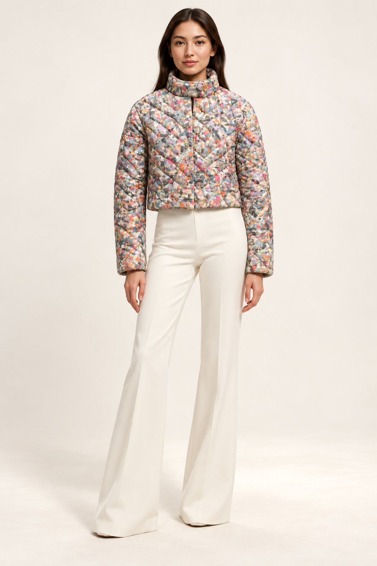 Quilted Collar Band Jacket – Quilt - Multicolour Print