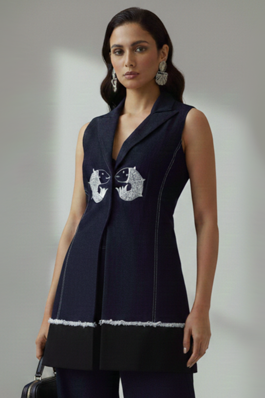 Two-Tone Frayed Denim Vest – Current - Blue