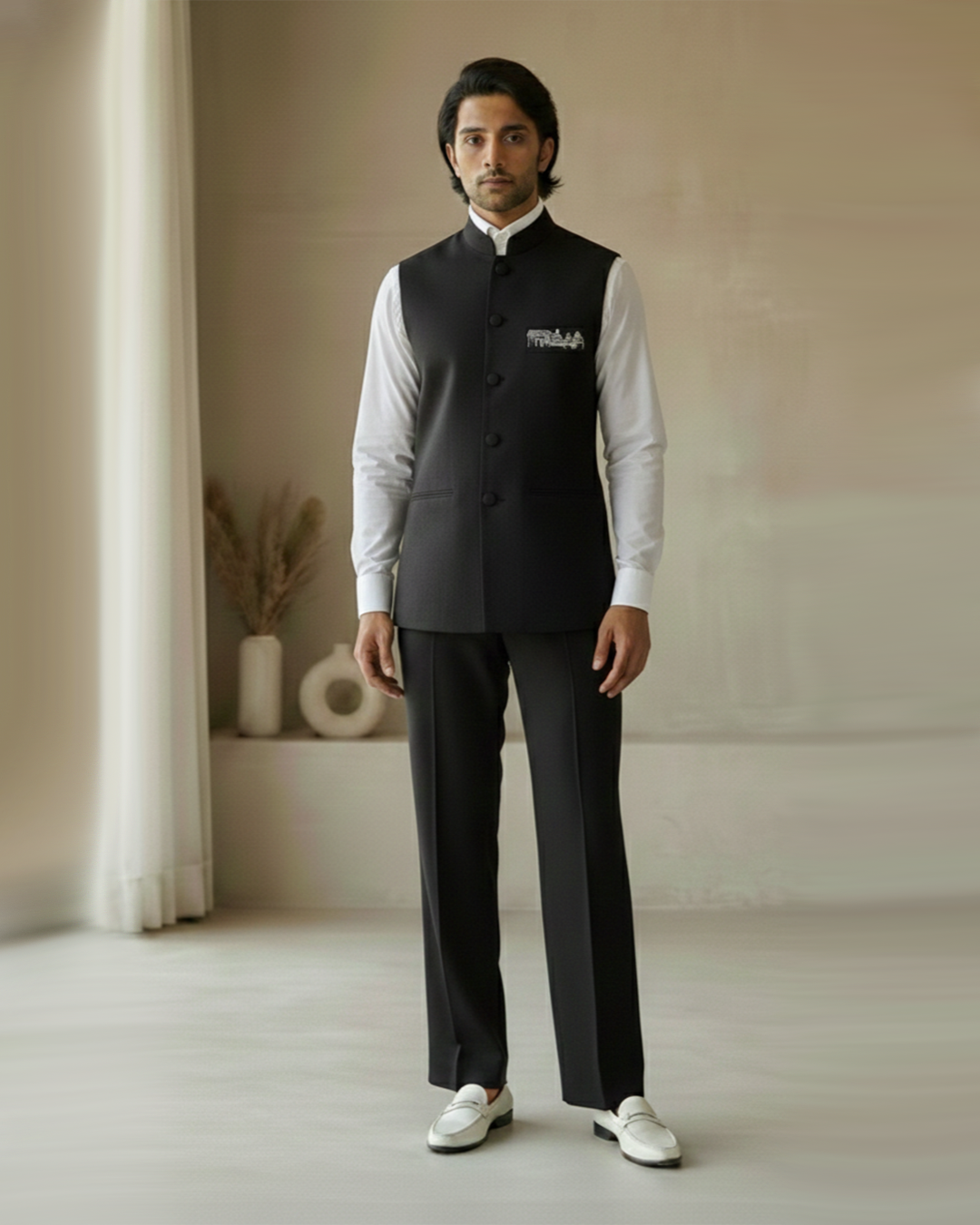 Pocket Embroidered Sadri – Regal - Black