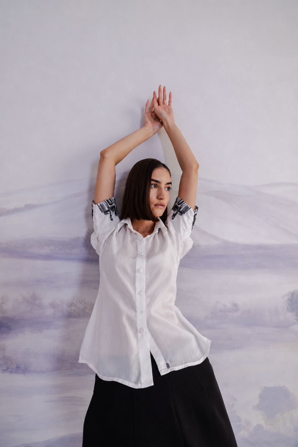 Embroidered Cuff Satin Shirt – Ensemble - White