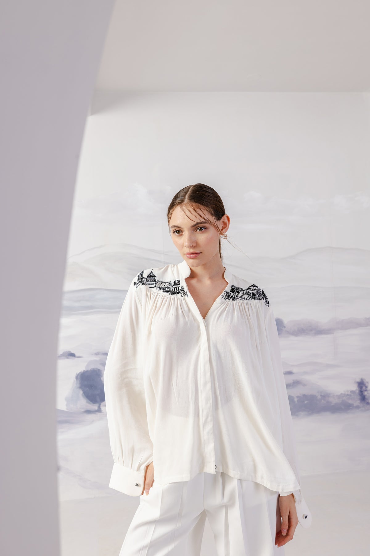 Angular Yoke Gathered Shirt side view, ORTHODOX