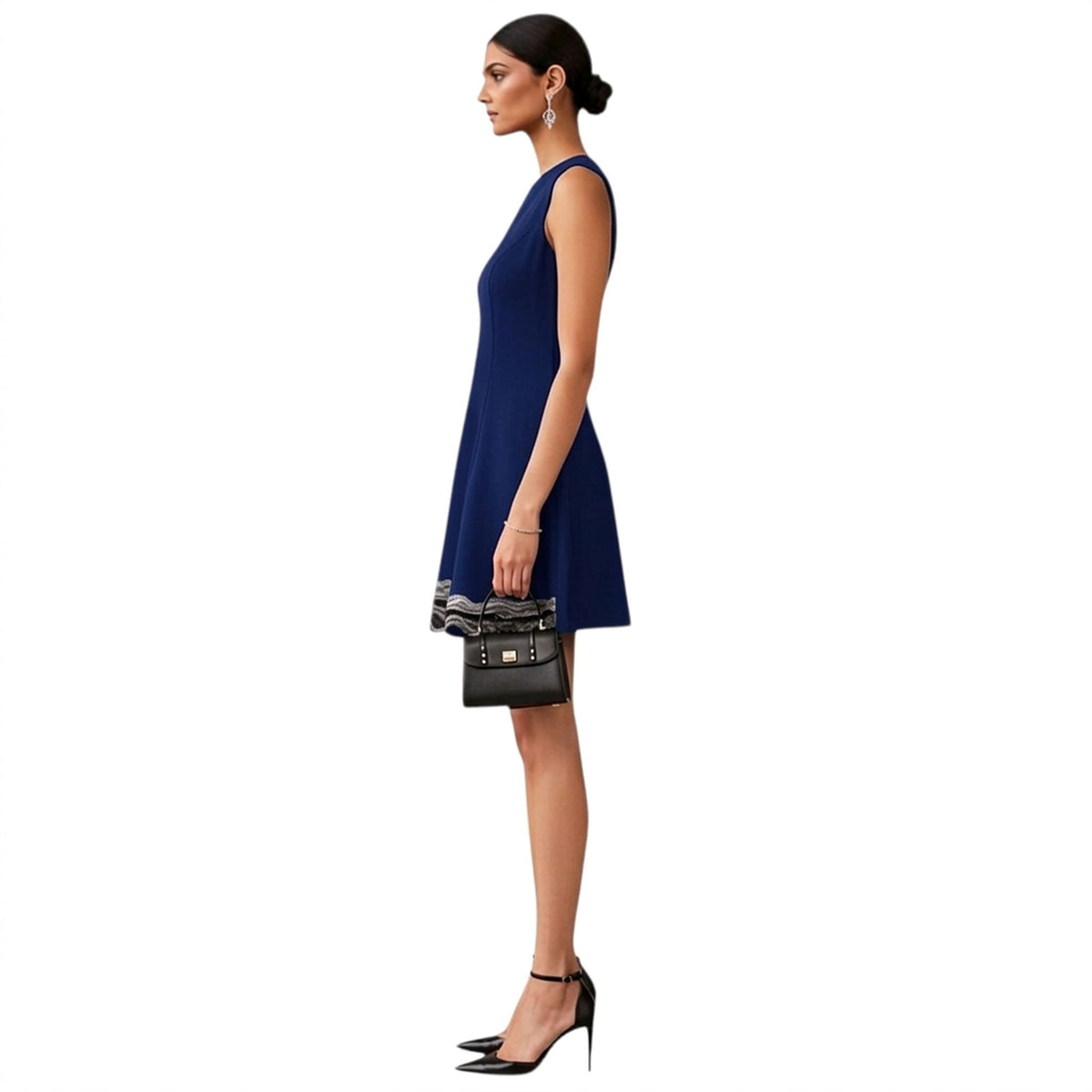 Embroidered Hem Fit & Flare Dress – Hemline - Navy Blue