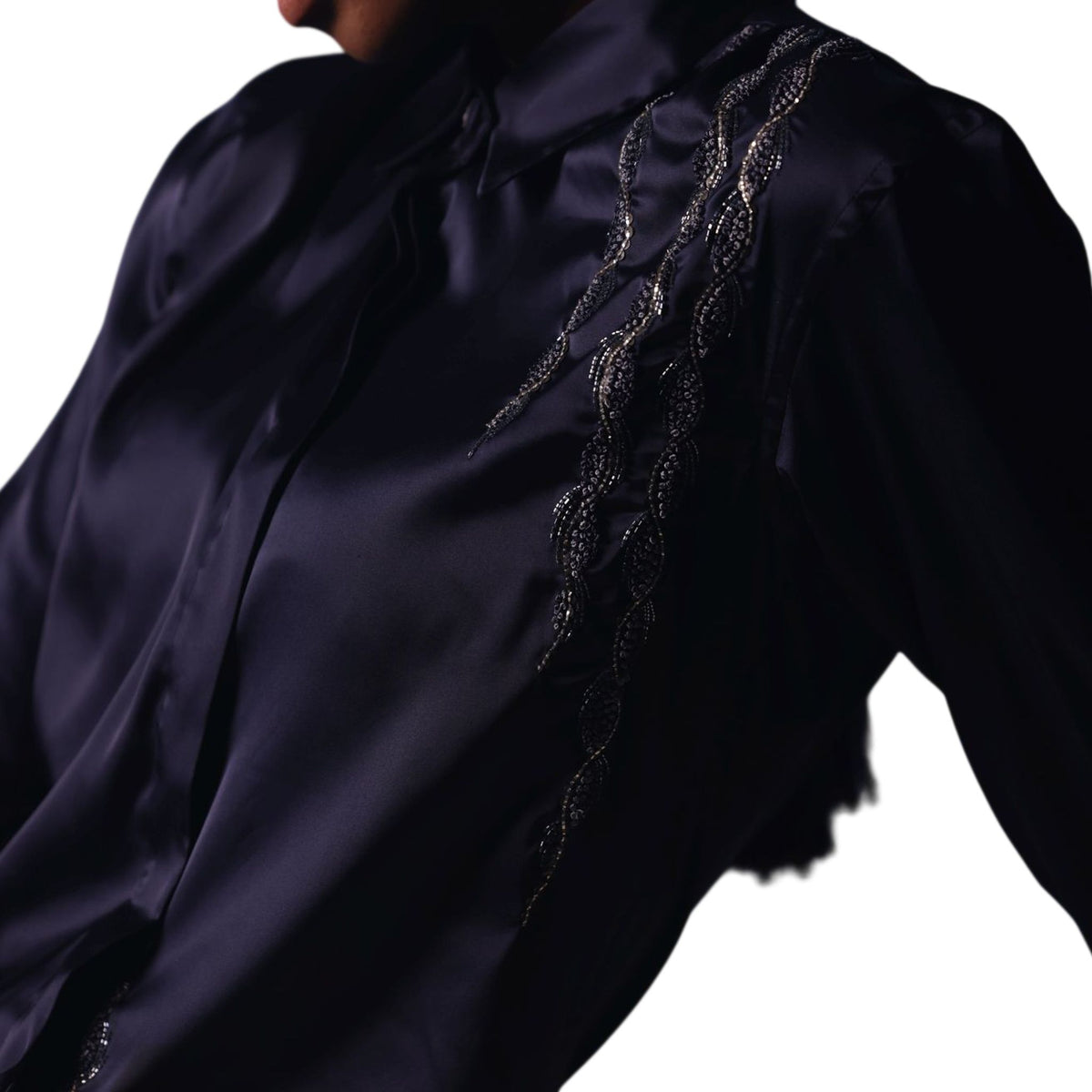 Line Embroidered Satin Shirt – Amira - Navy Blue