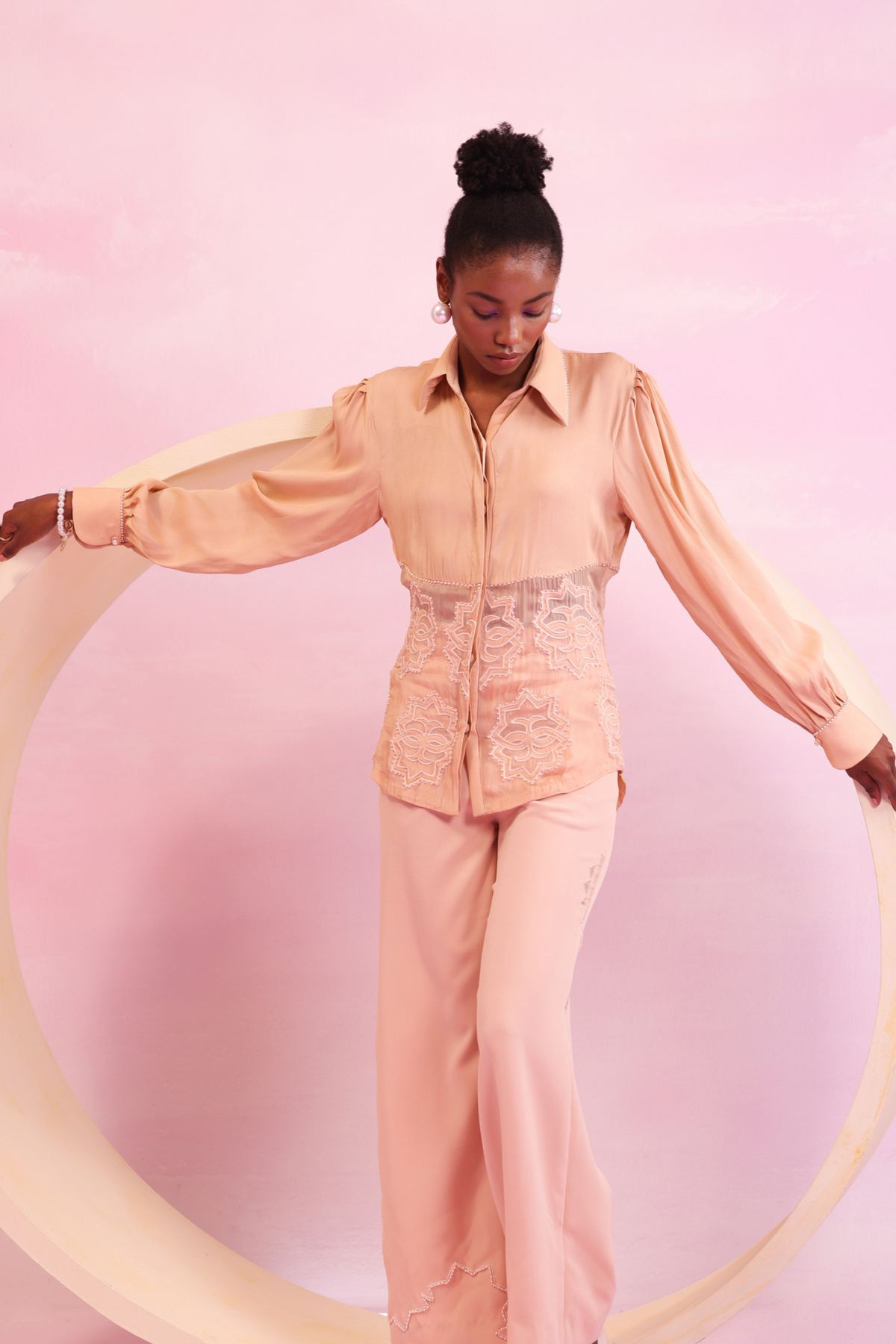 Asymmetric Embroidered Wide-Leg Trousers – Mystic Groove - Peach