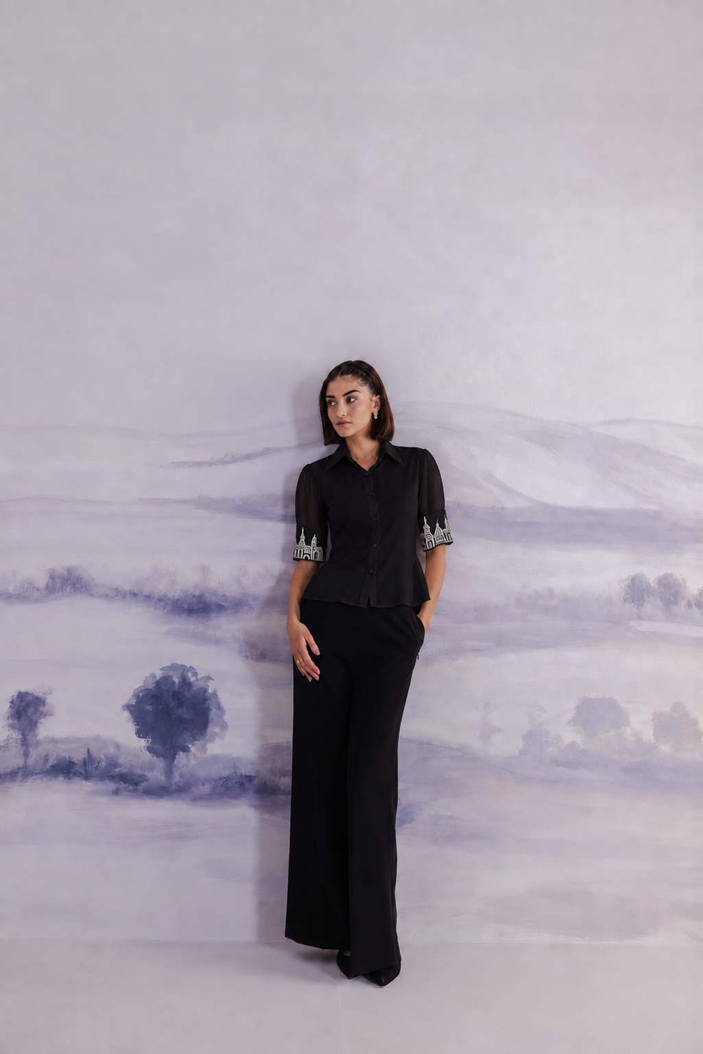 Embroidered Cuff Satin Shirt – Ensemble - Black