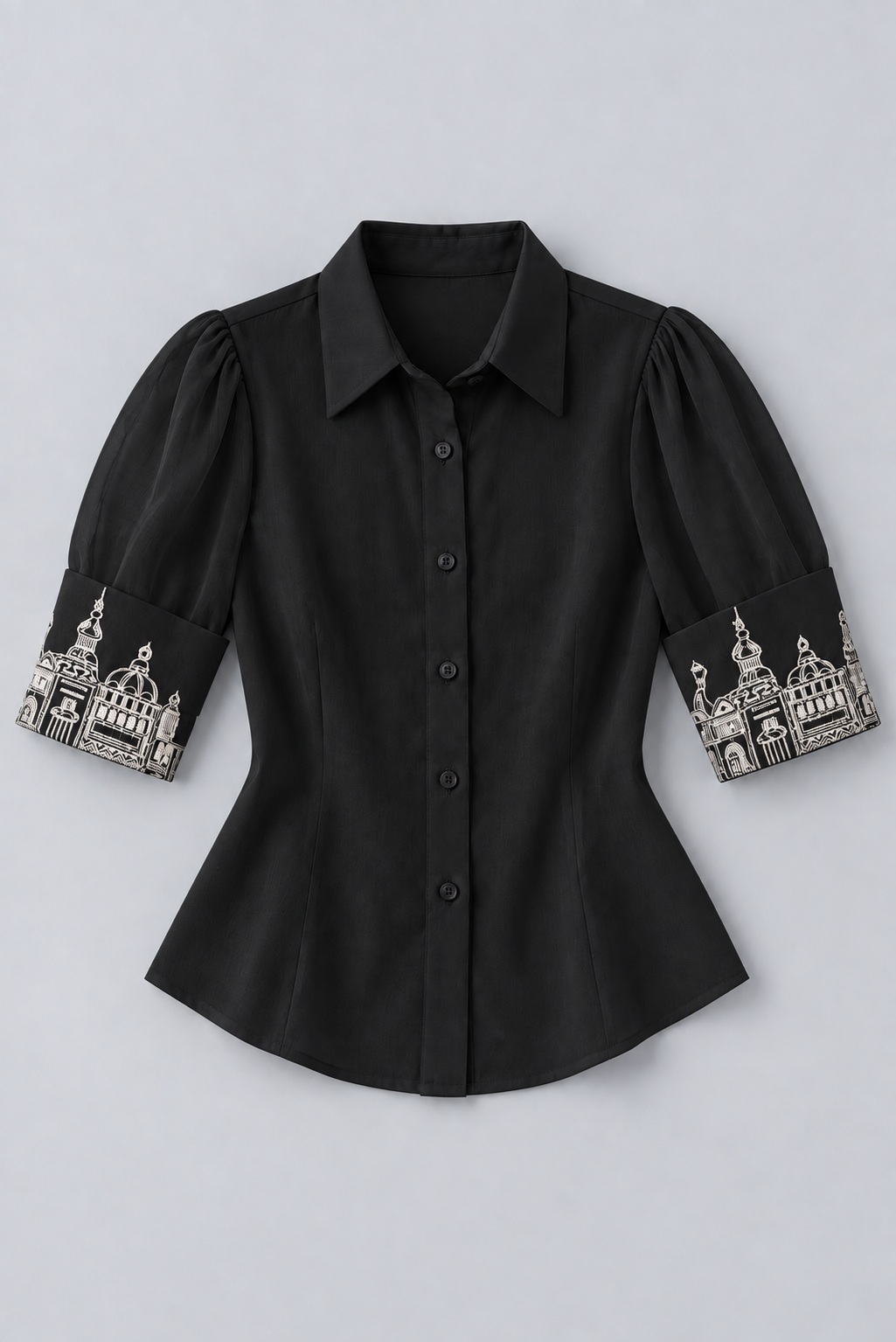 Embroidered Cuff Satin Shirt – Ensemble - Black