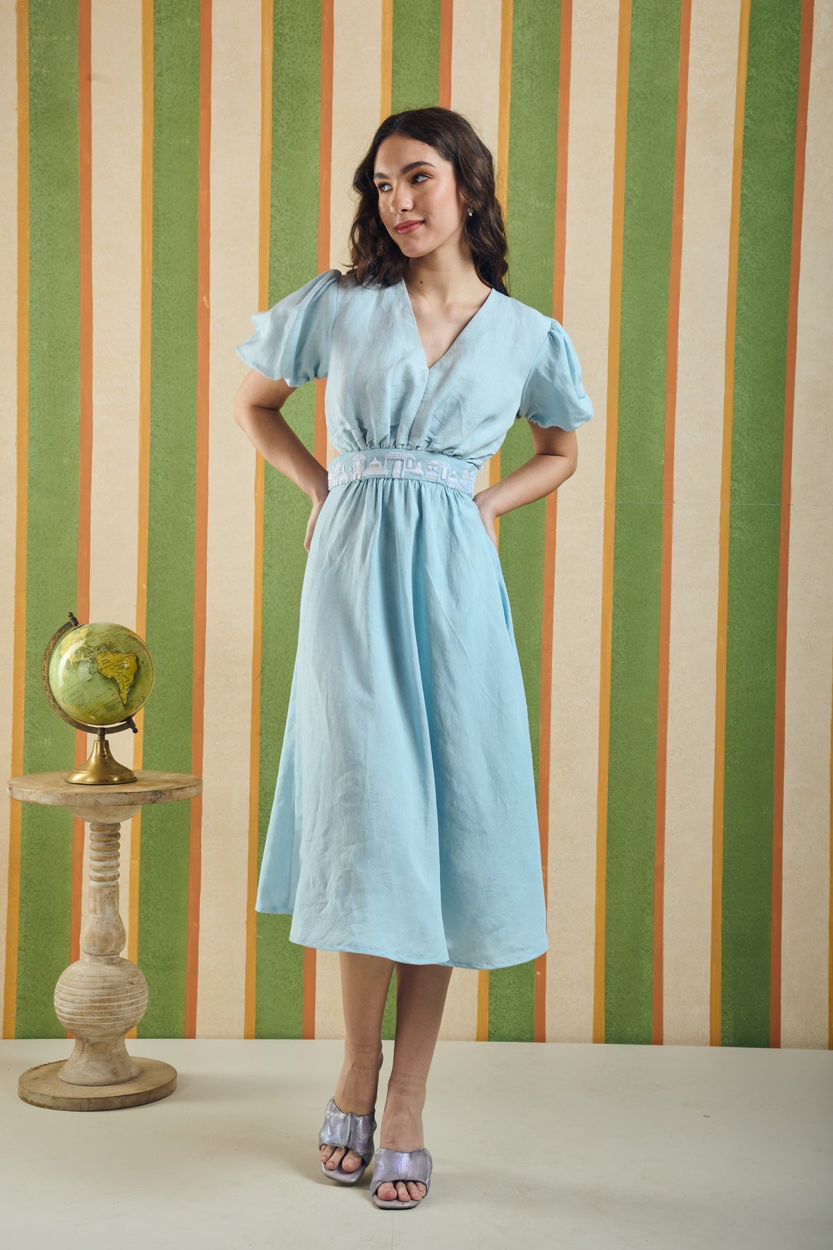 Puff Sleeve V-Neck Linen Dress – Backtie - Blue