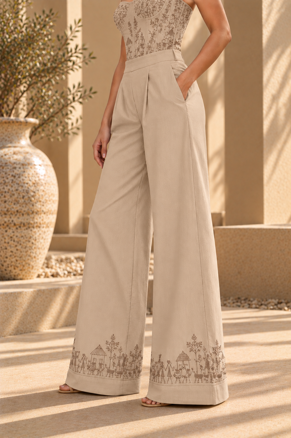 Symmetrical Embroidered Trousers – Warli - Sand Beige
