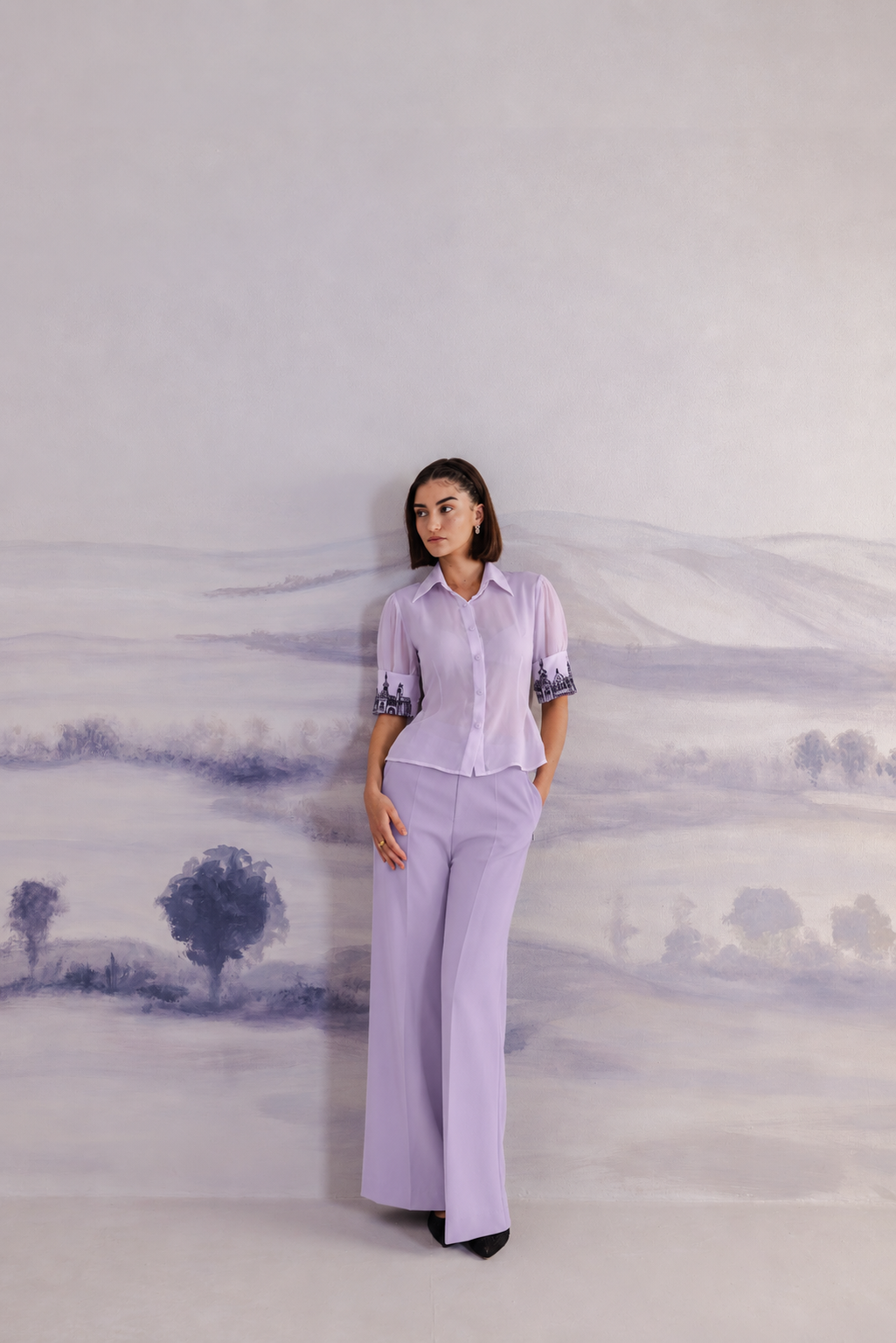 Embroidered Cuff Satin Shirt – Ensemble - Lavender