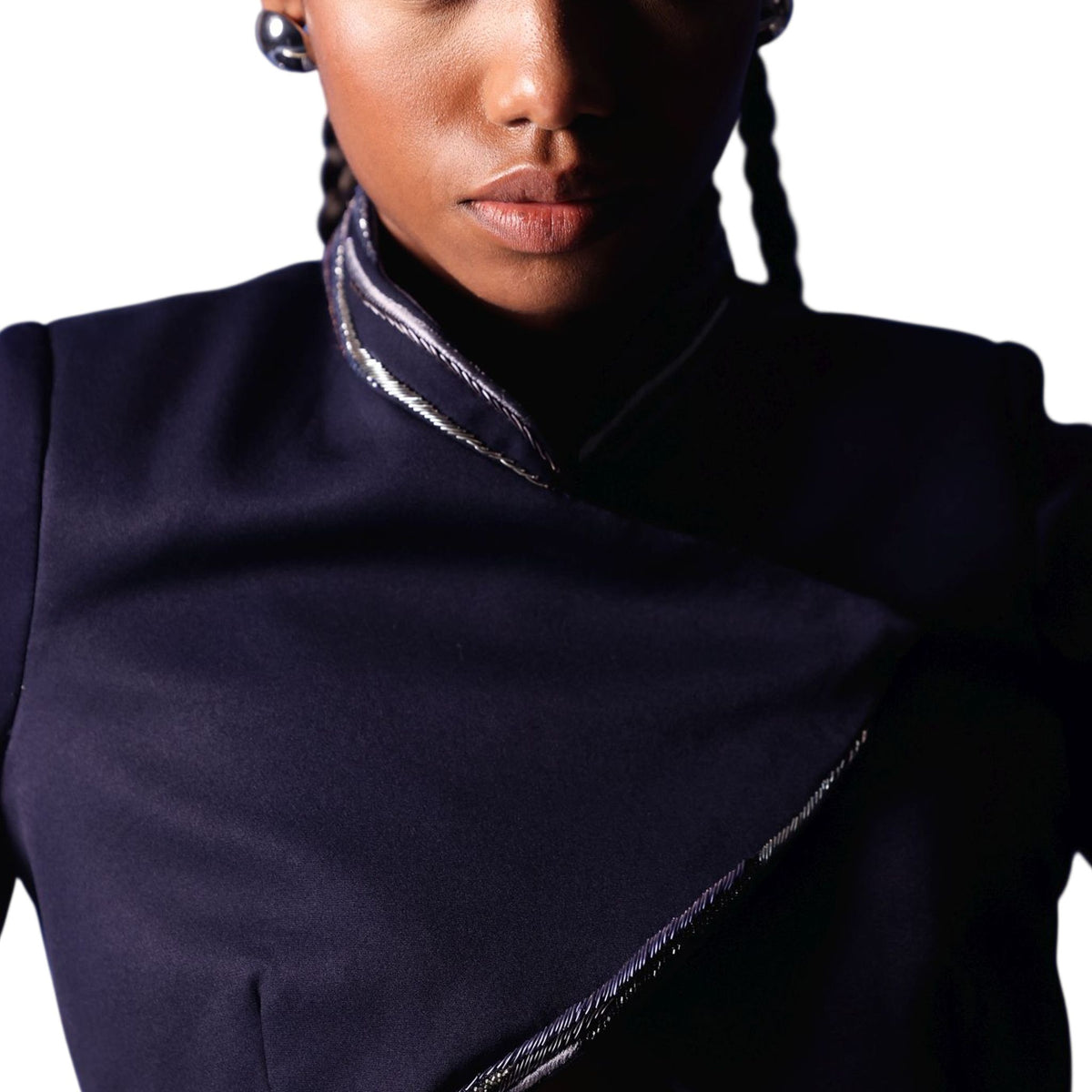 Asymmetric Wrap Crop Jacket – Zahra - Navy Blue
