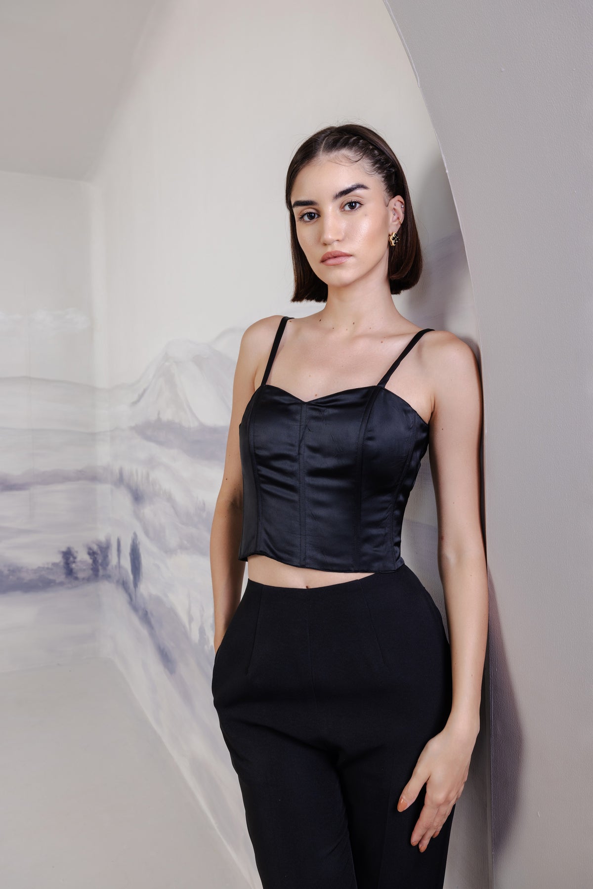 Panelled Satin Corset – Pompeian - Black
