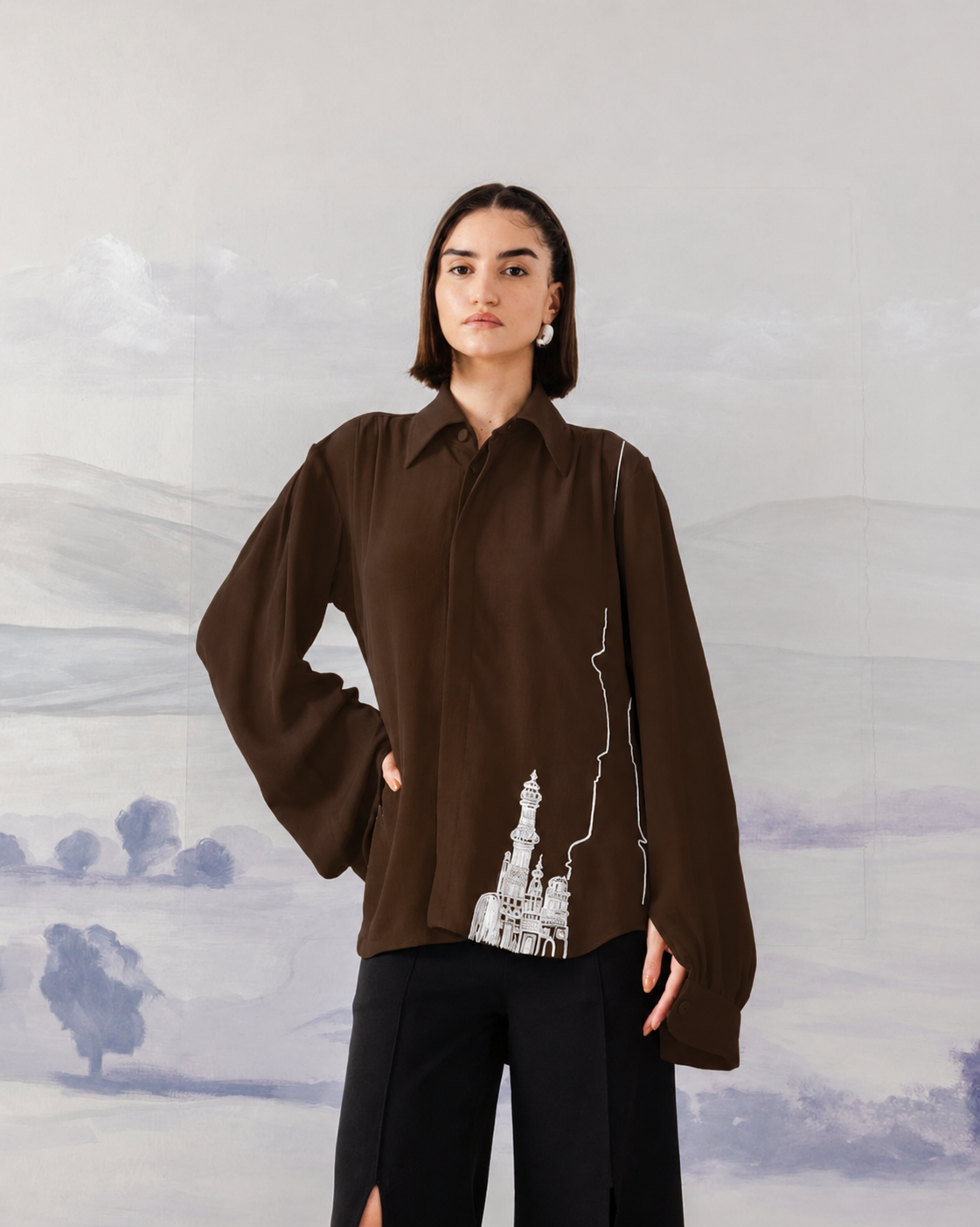Beaded Line Embroidered Shirt – Feather - Deep Brown