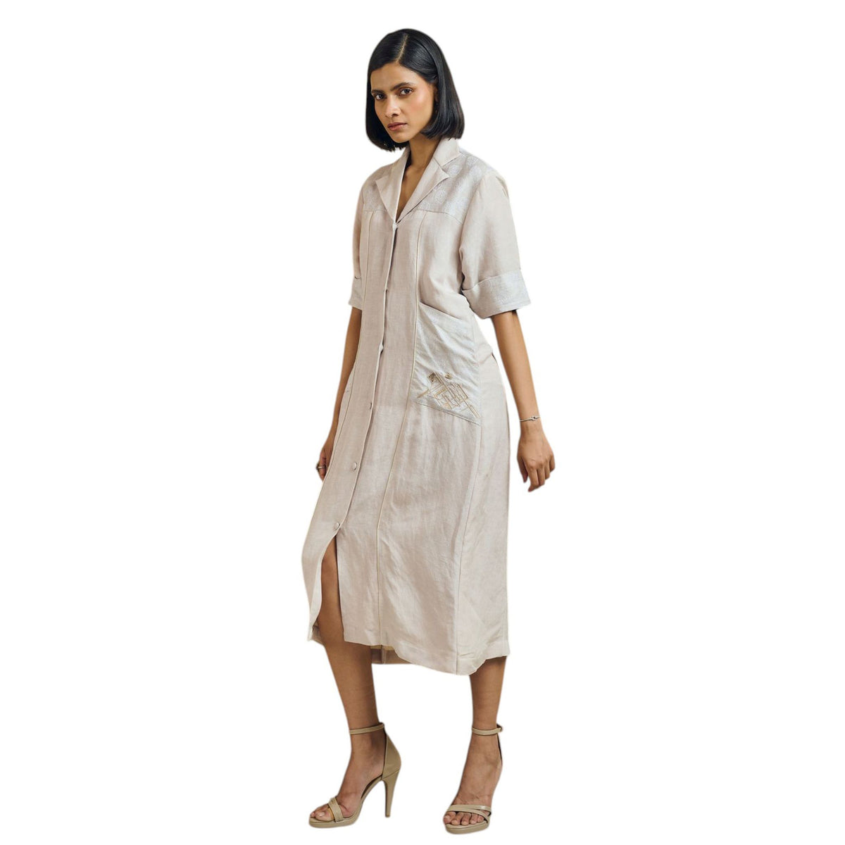 Notched Collar Hemp Shirt Dress – Stitch - Beige