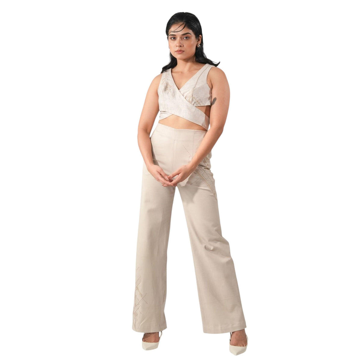Embroidered Denim Bell Bottoms – Lunette - Beige