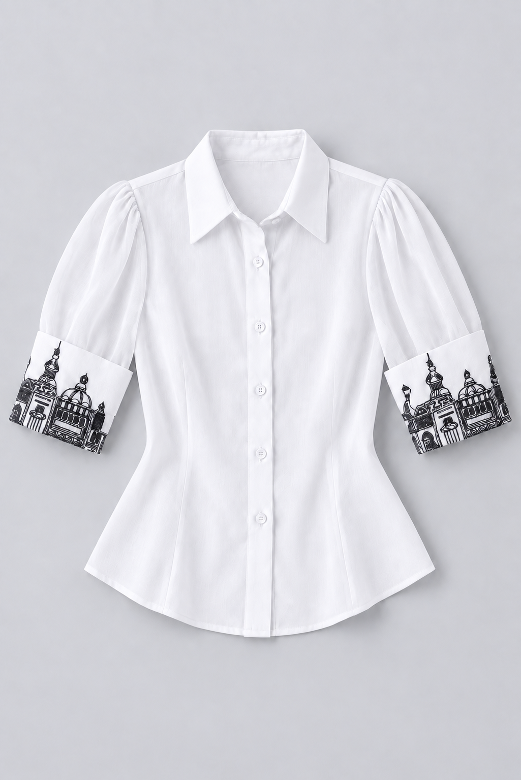Embroidered Cuff Satin Shirt – Ensemble - White