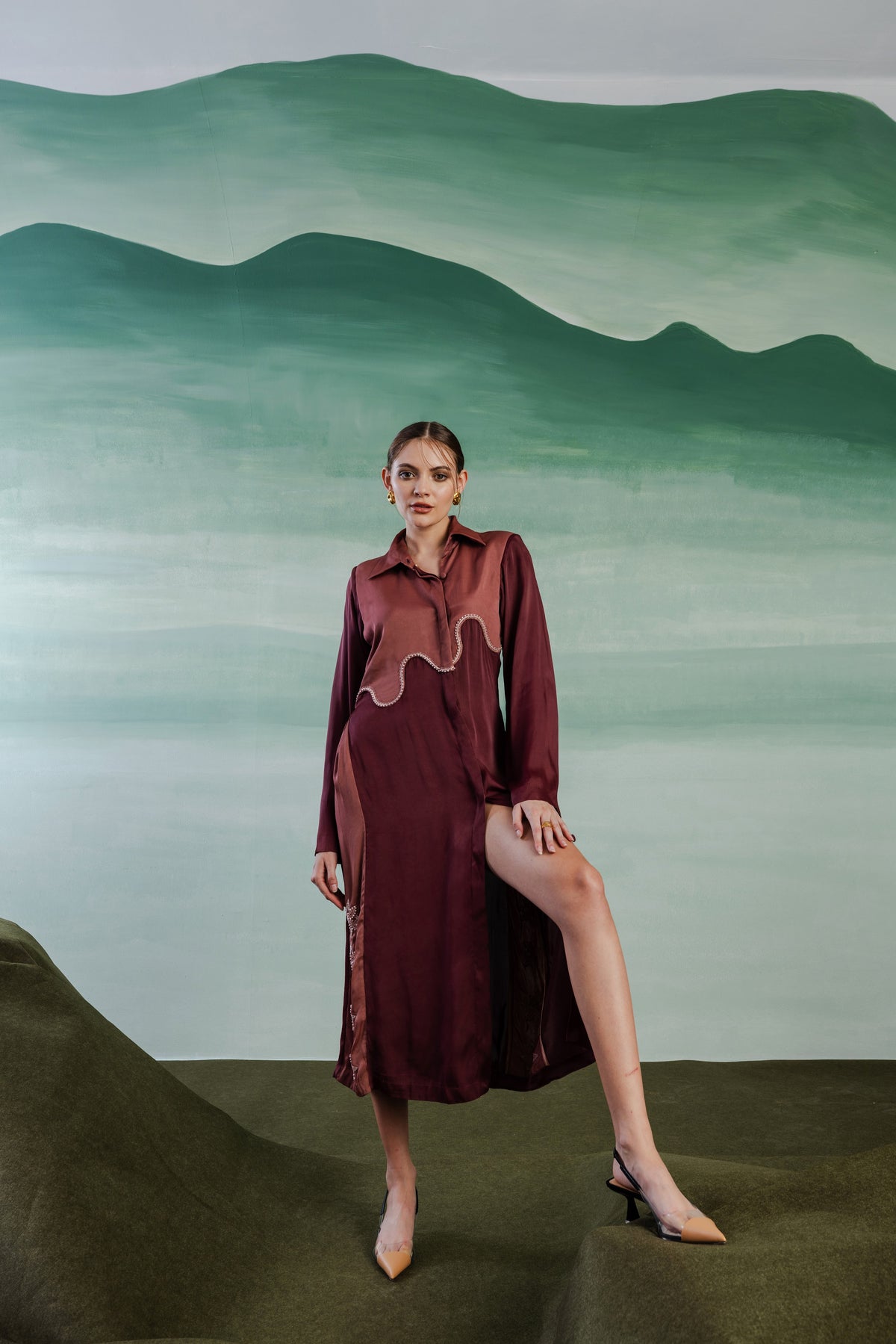 Asymmetric Satin Shirt Dress – Romanesque - Wine Berry