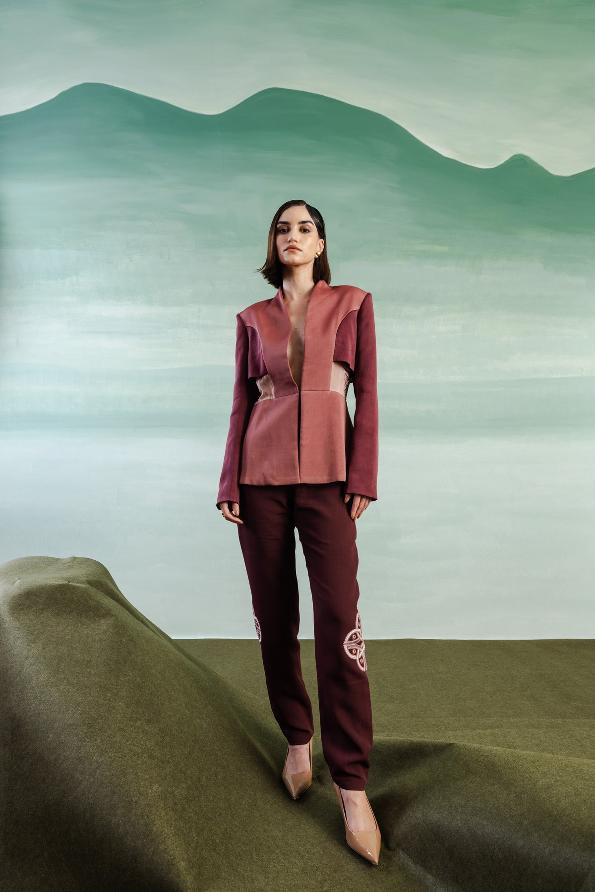 Embroidered Straight Fit Trousers – Roman - Wine Berry