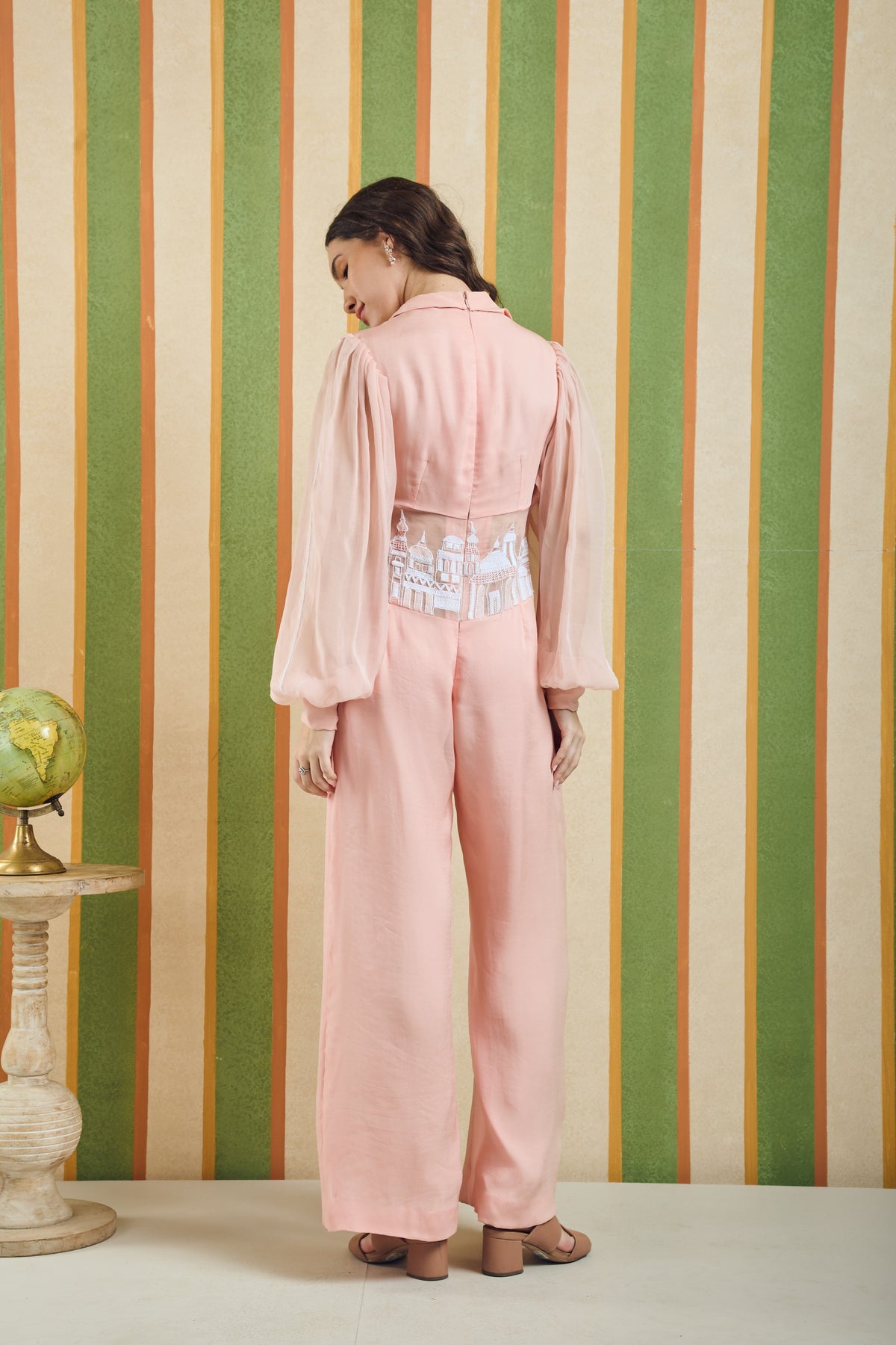 Organza Sleeve Wide-Leg Jumpsuit – Clerestory - Peach