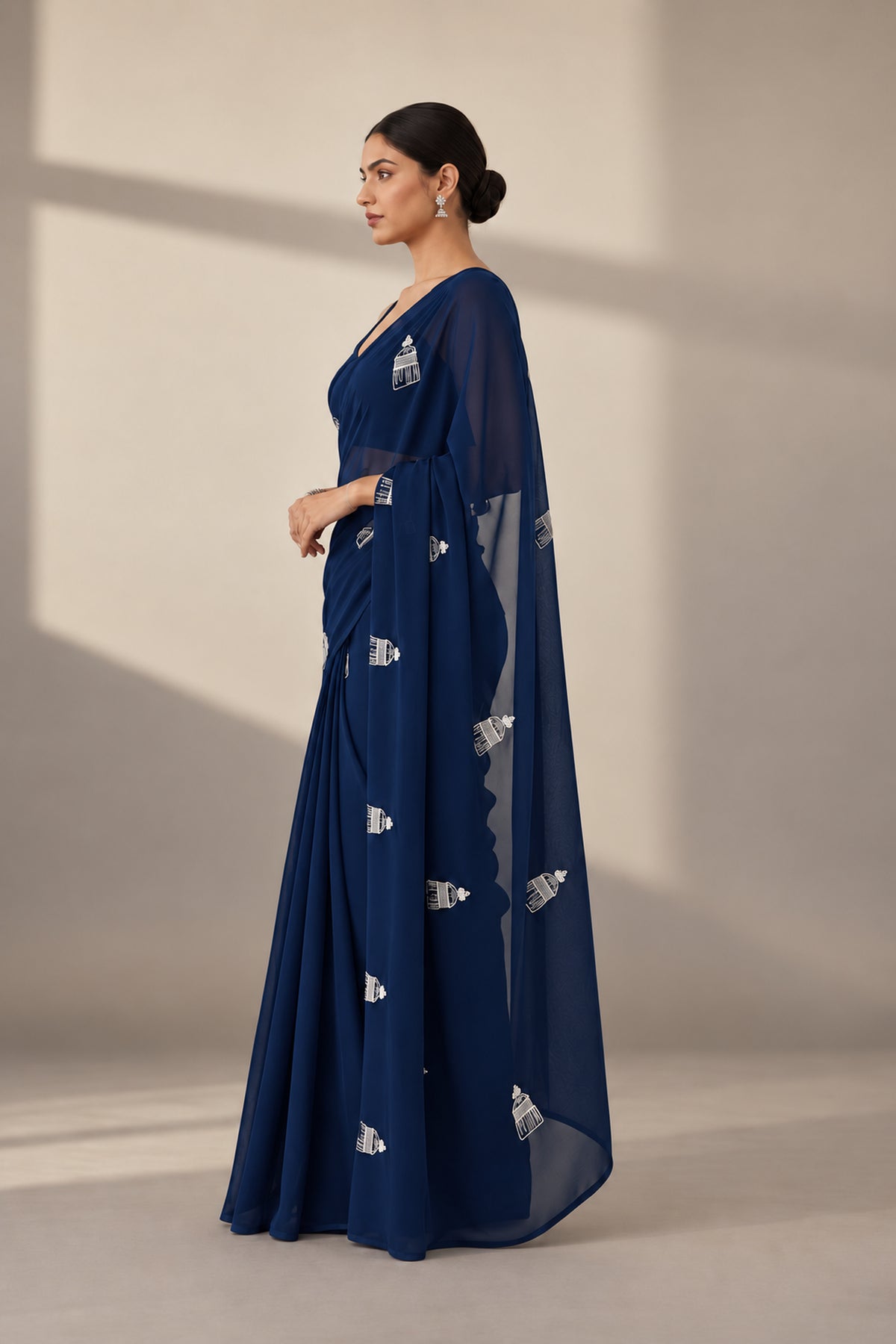 Motif Embroidered Organza Saree – Dome - Navy Blue
