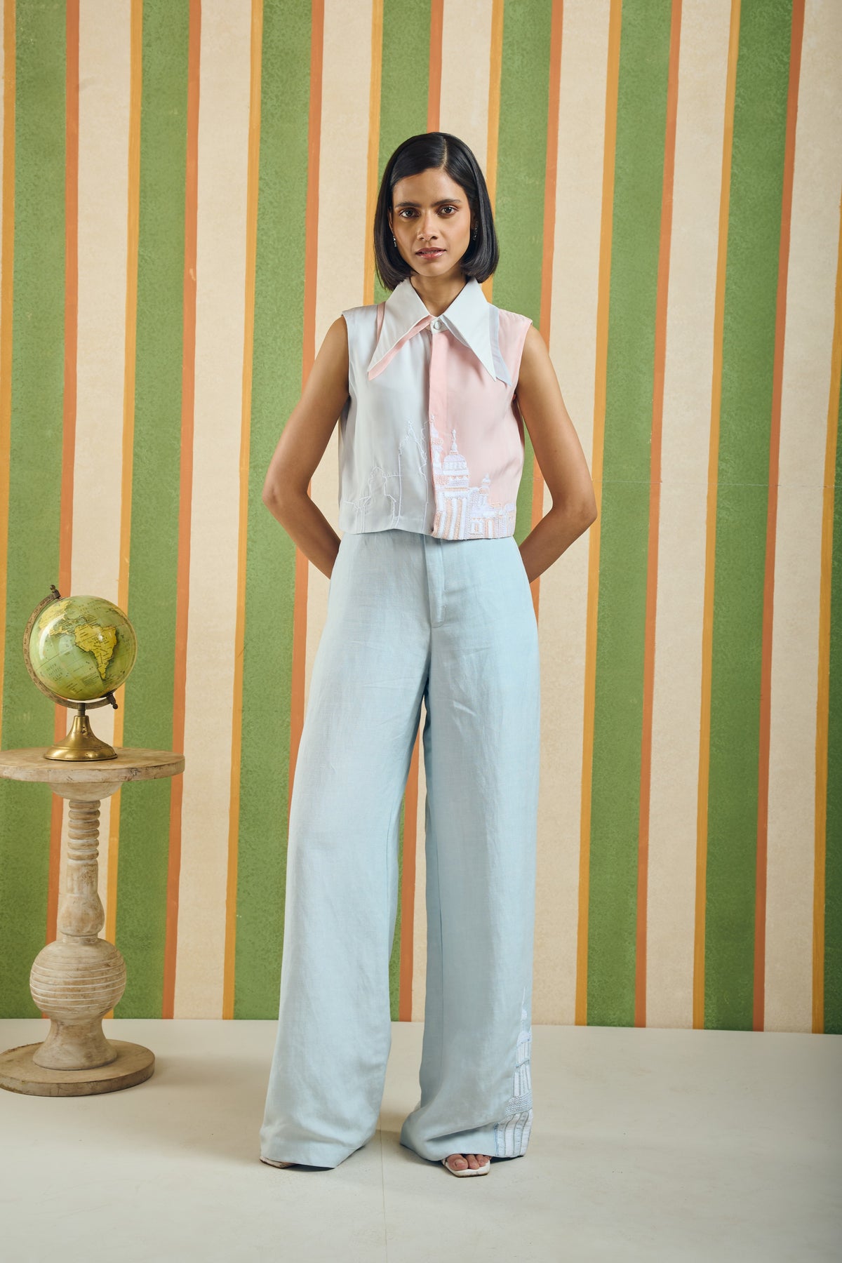 Collared Organza Panel Top – Augustus - Peach Bud+pastel Blue