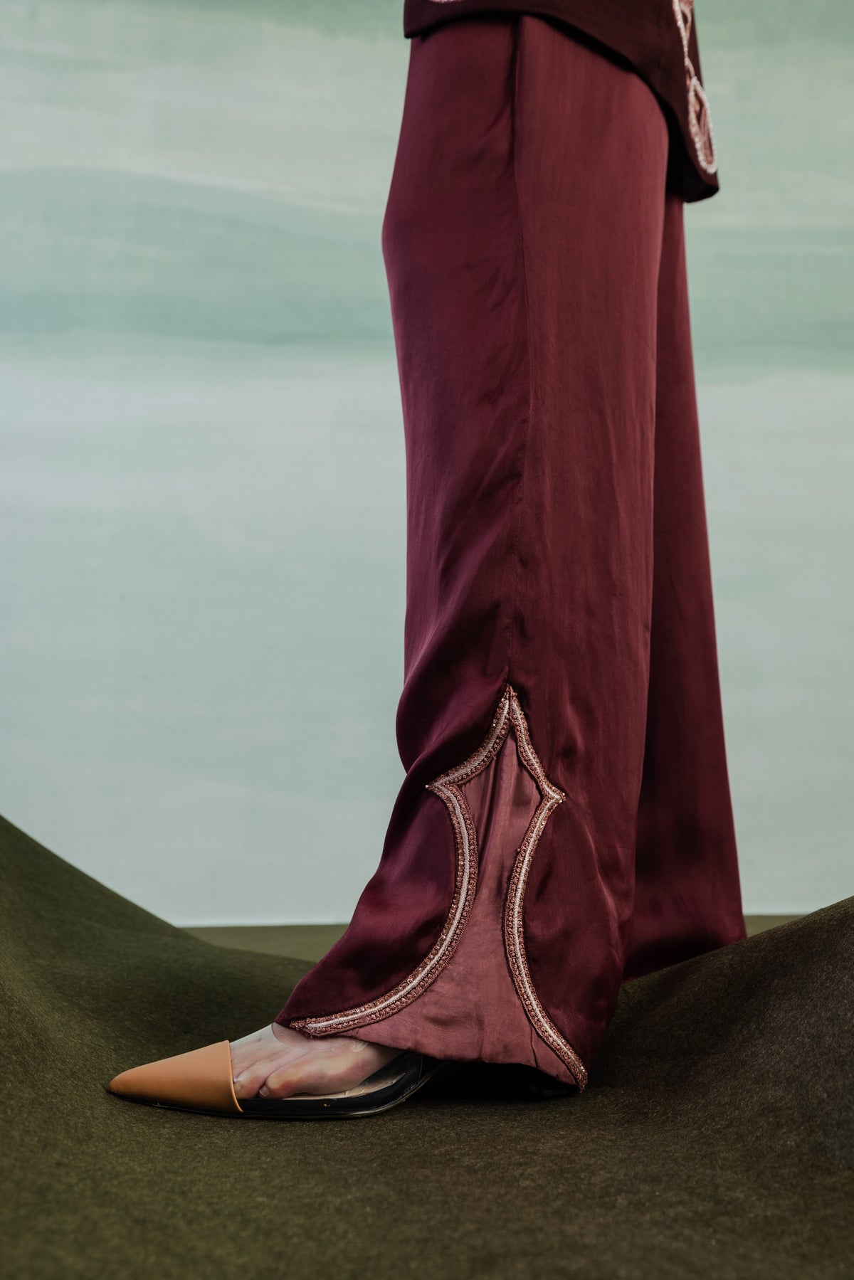 Satin Wide-Leg Flared Trousers – Centurion - Wine Berry