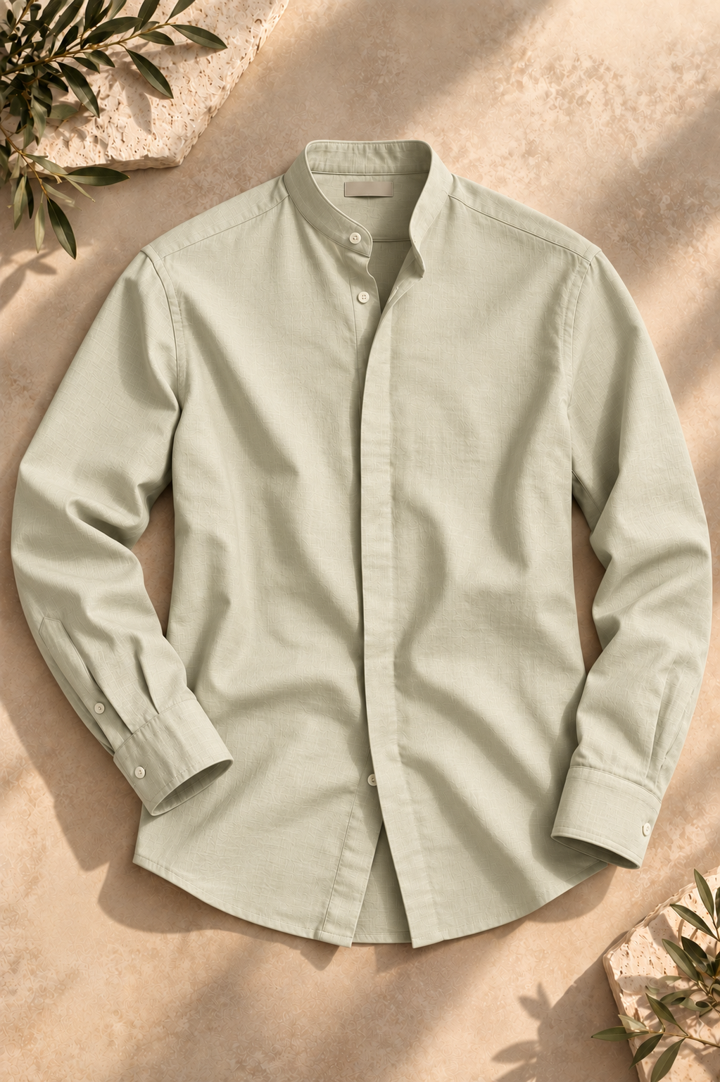 Men's Cotton Mandarin Collar Shirt - Sage Green